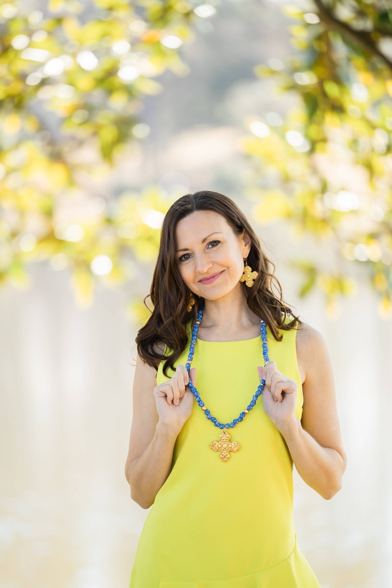 34" Blue and White Glass with Andrea Cross Necklaces Hidden Truth Jewelry