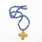 34" Blue and White Glass with Andrea Cross Necklaces Hidden Truth Jewelry