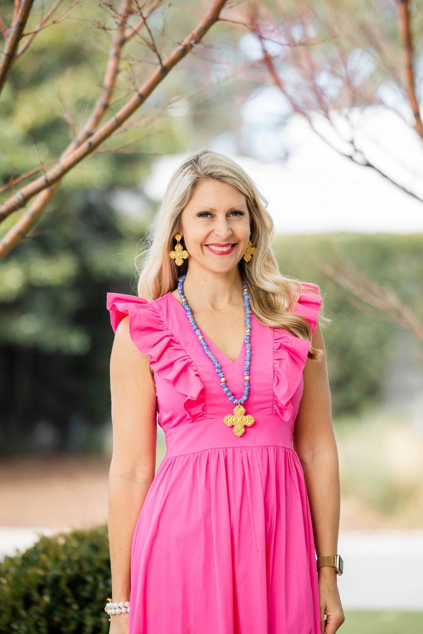 34" Blue and White Glass with Andrea Cross Necklaces Hidden Truth Jewelry