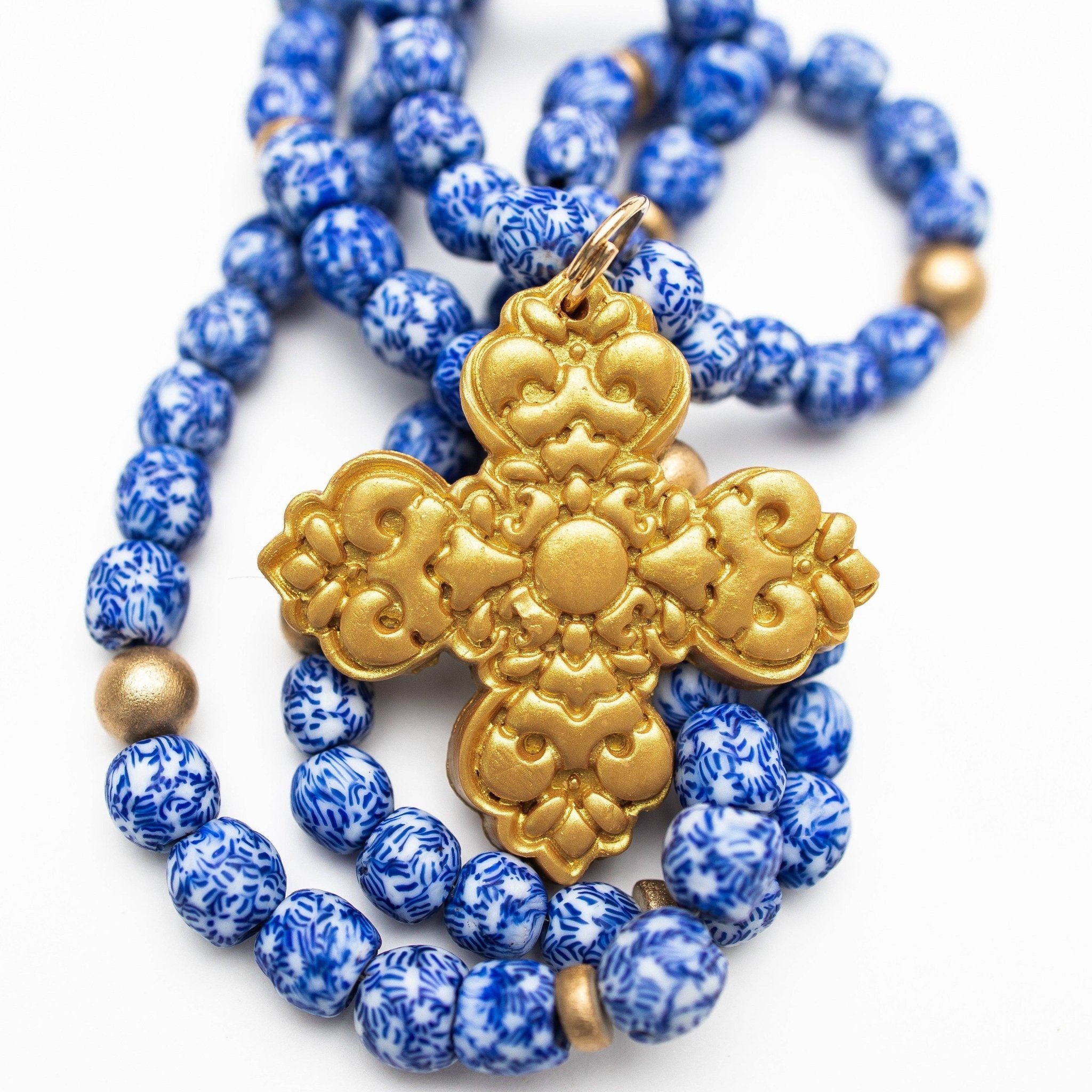 34" Blue and White Glass with Andrea Cross Necklaces Hidden Truth Jewelry