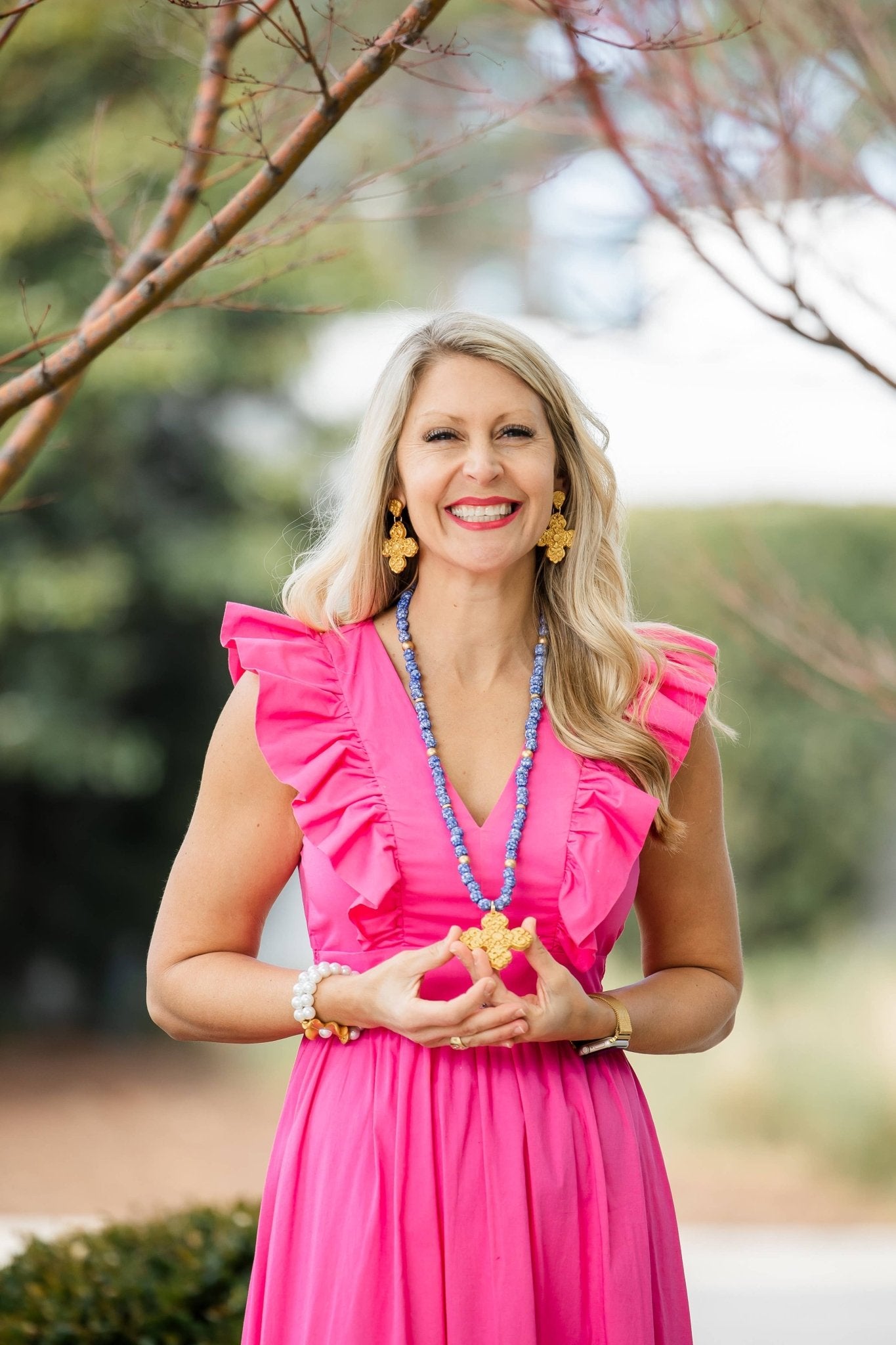 34" Blue and White Glass with Andrea Cross Necklaces Hidden Truth Jewelry