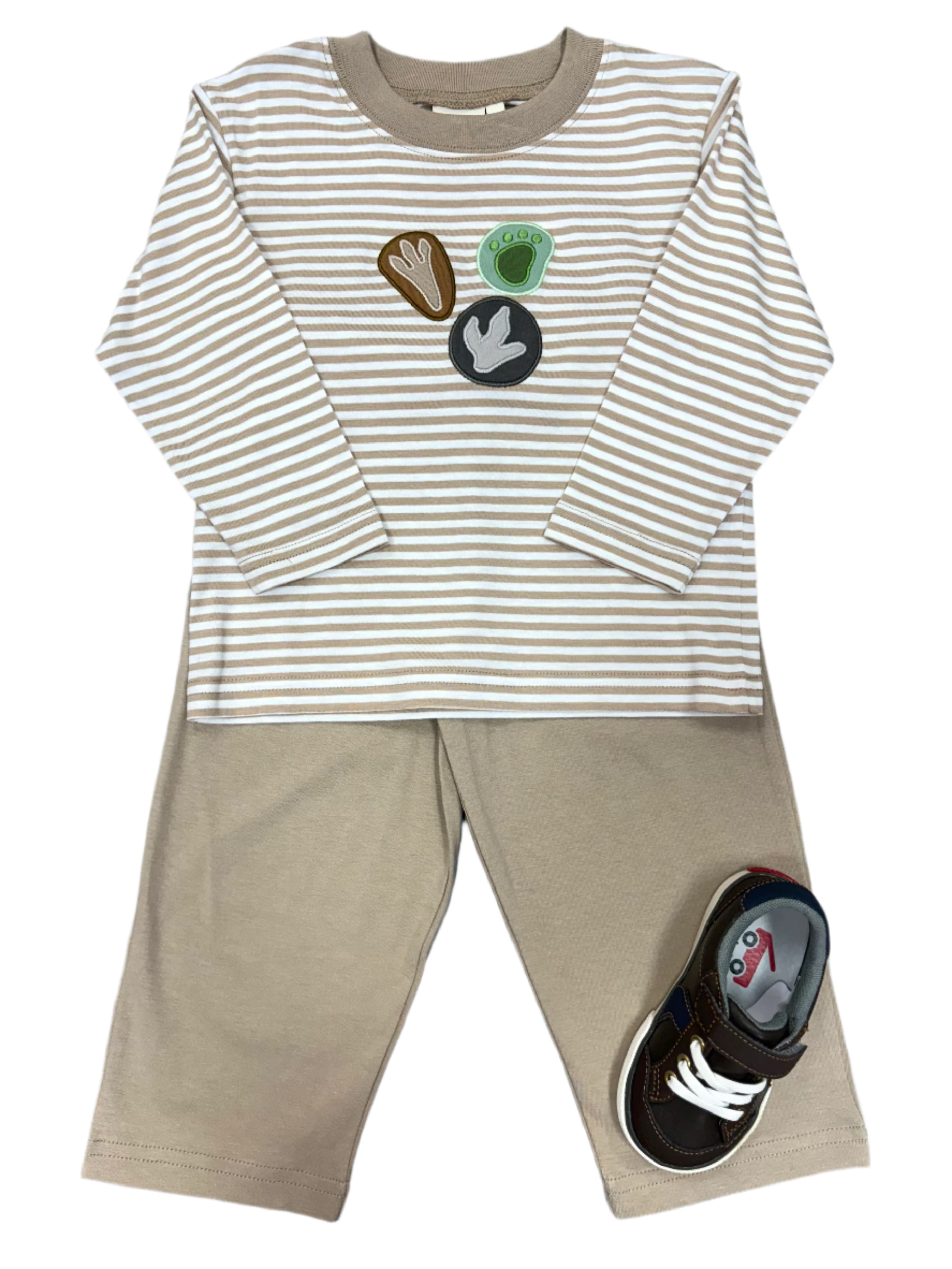 Boys Dino Footprints L/S Tee - Sand & White Boys Shirts + Polos Luigi