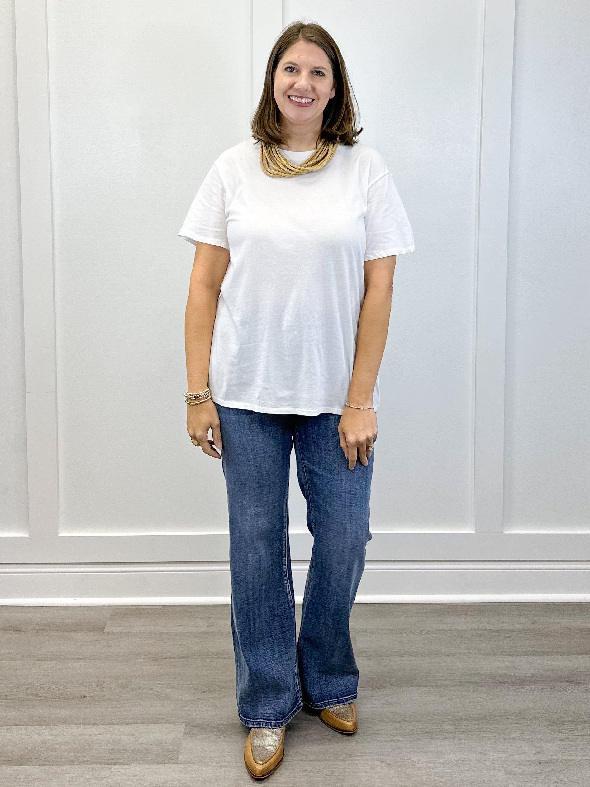 Boyfriend Round Neck Tee - White Tops Zenana