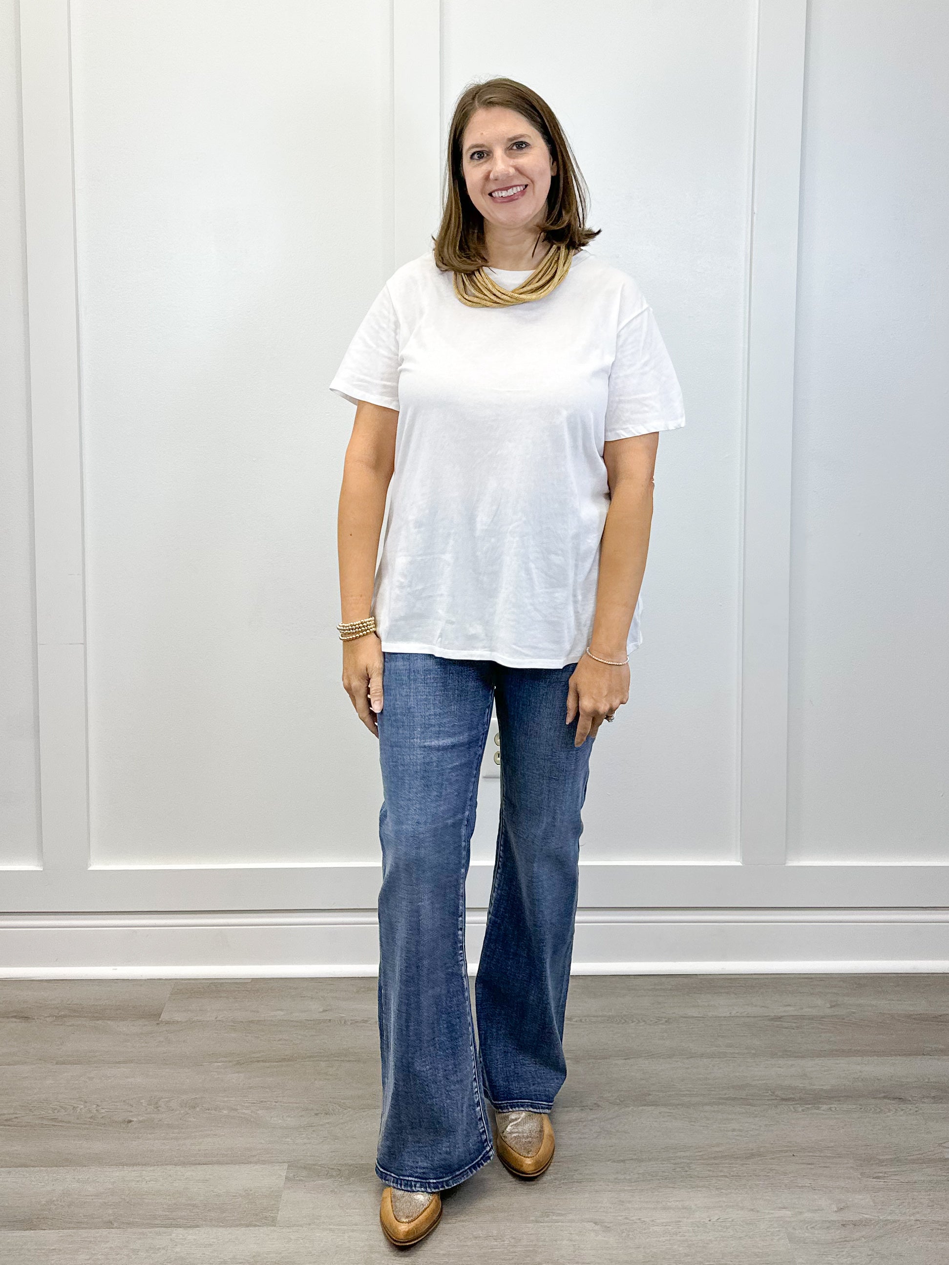 Boyfriend Round Neck Tee - White Tops Zenana