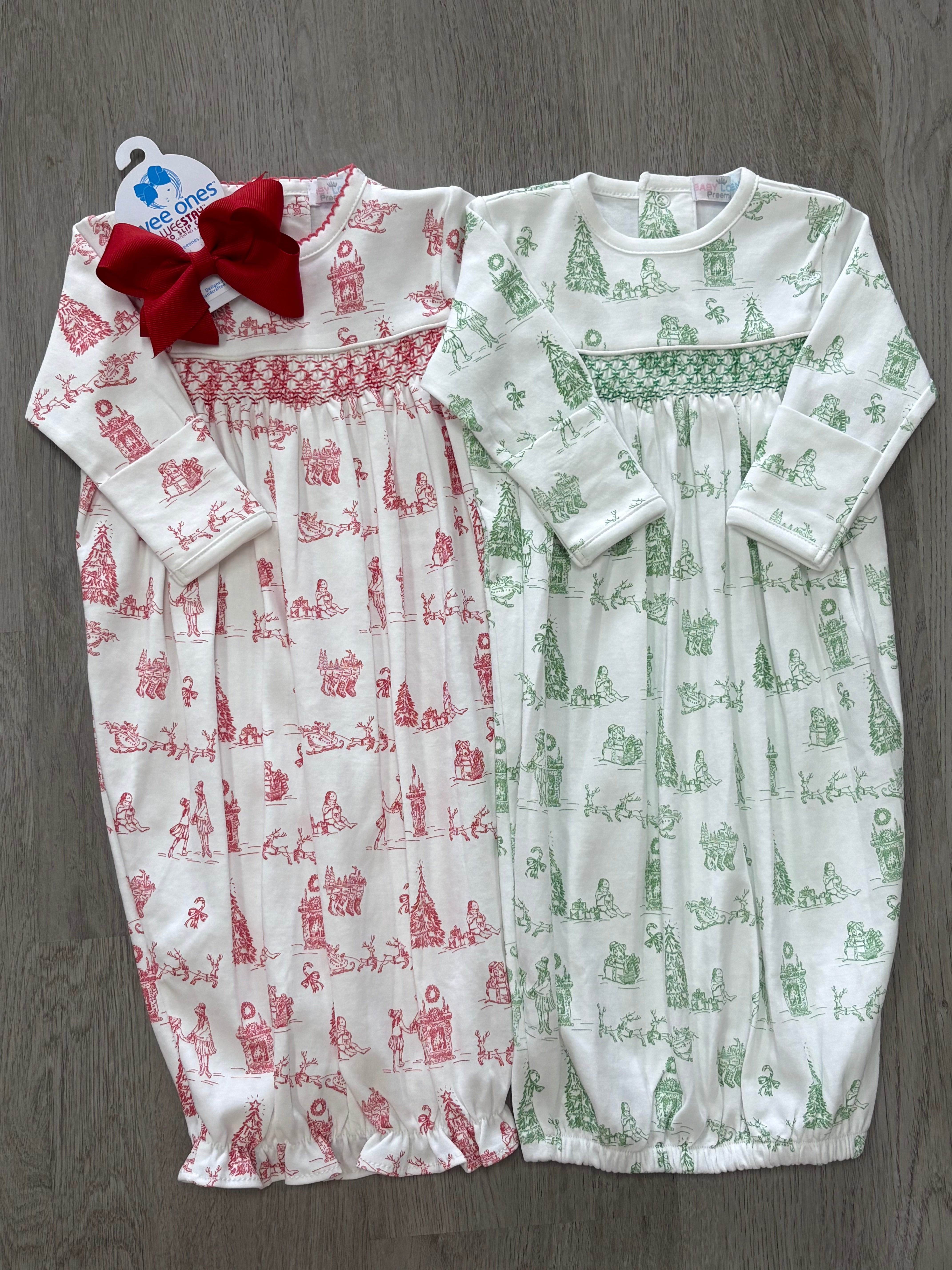 Boys Green Christmas Toile Hand Smocked Gown Baby Sleepwear Baby Loren