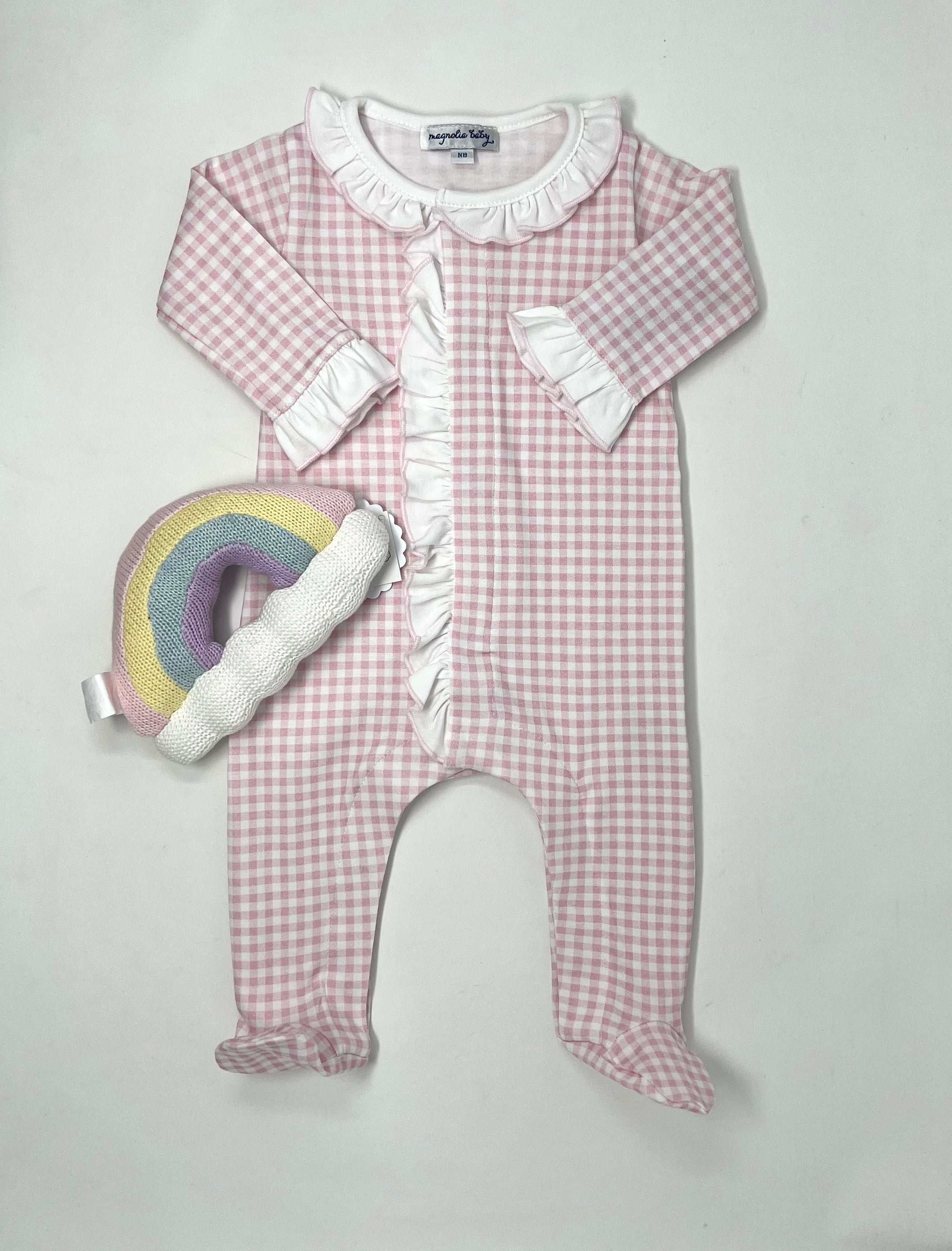 Mini Checks Ruffle Footie - Pink Baby Sleepwear Magnolia Baby