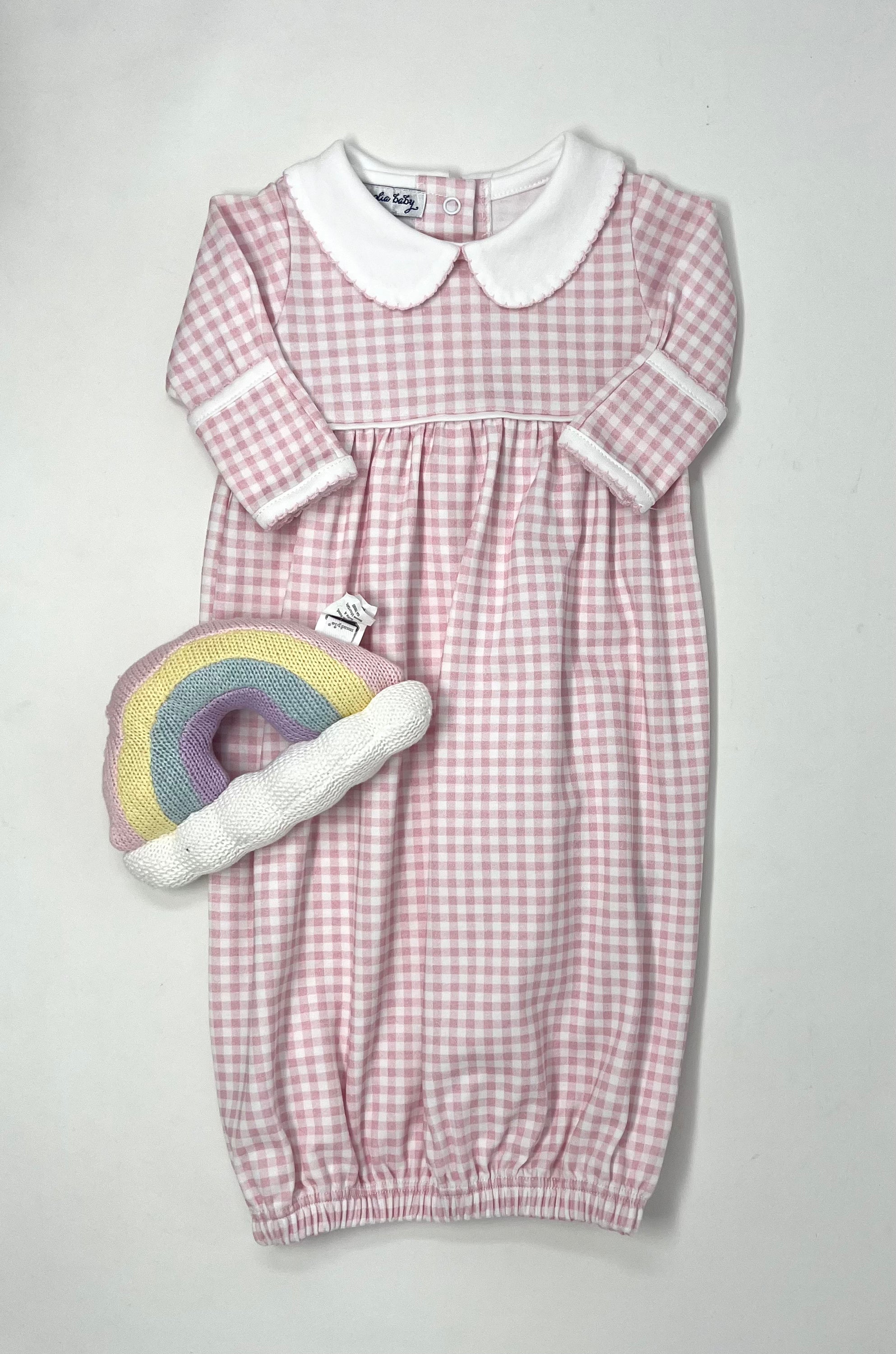 Mini Checks Collared Gathered Gown - Pink Baby Sleepwear Magnolia Baby