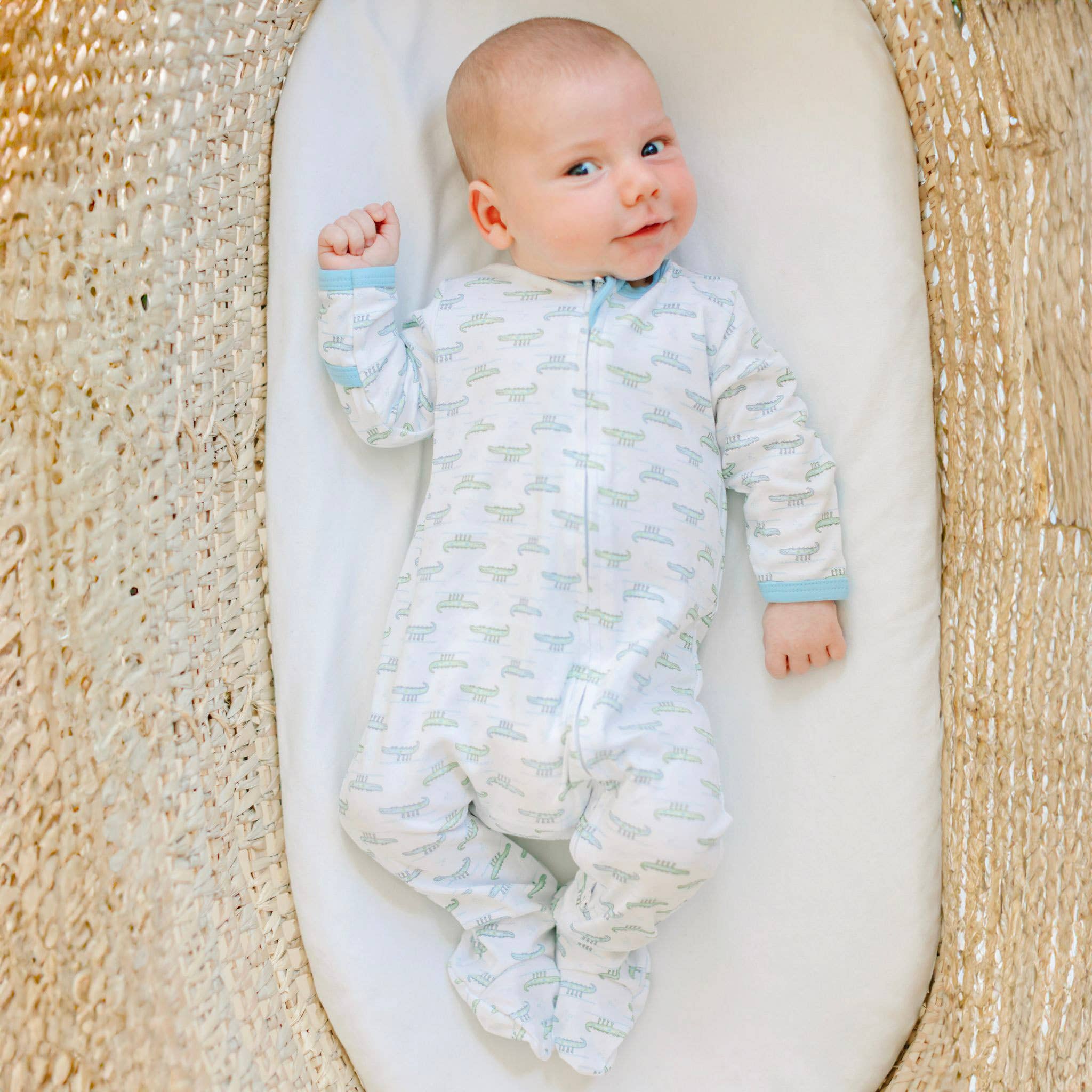 Alligator Pie Print Zip Footie - Light Blue Baby Sleepwear Magnolia Baby