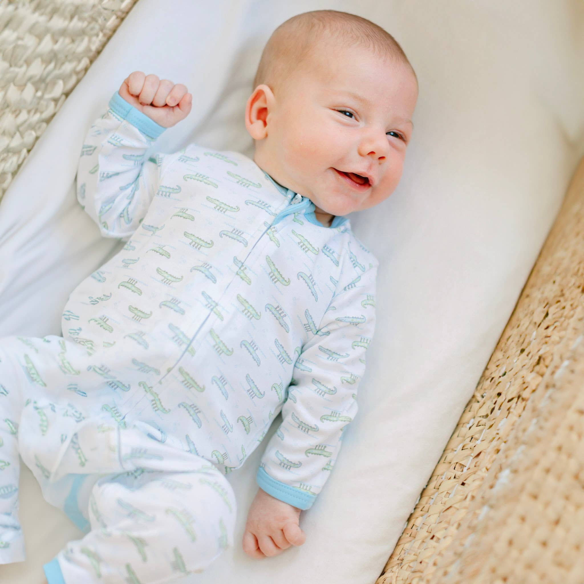 Alligator Pie Print Zip Footie - Light Blue Baby Sleepwear Magnolia Baby