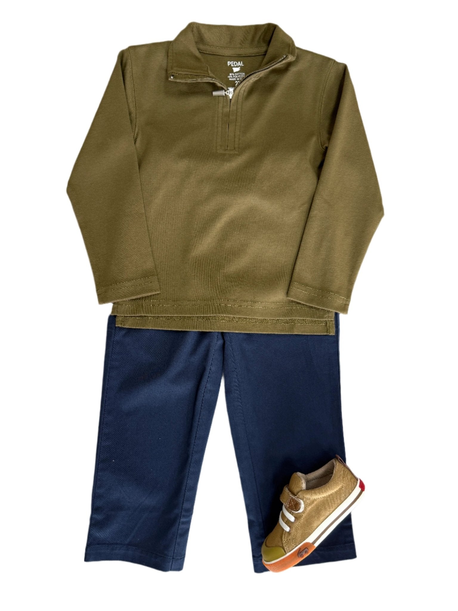 Boys 1/4 Zip Astor Pullover - Olive Boys Sweaters + Sweatshirts Pedal Kidswear