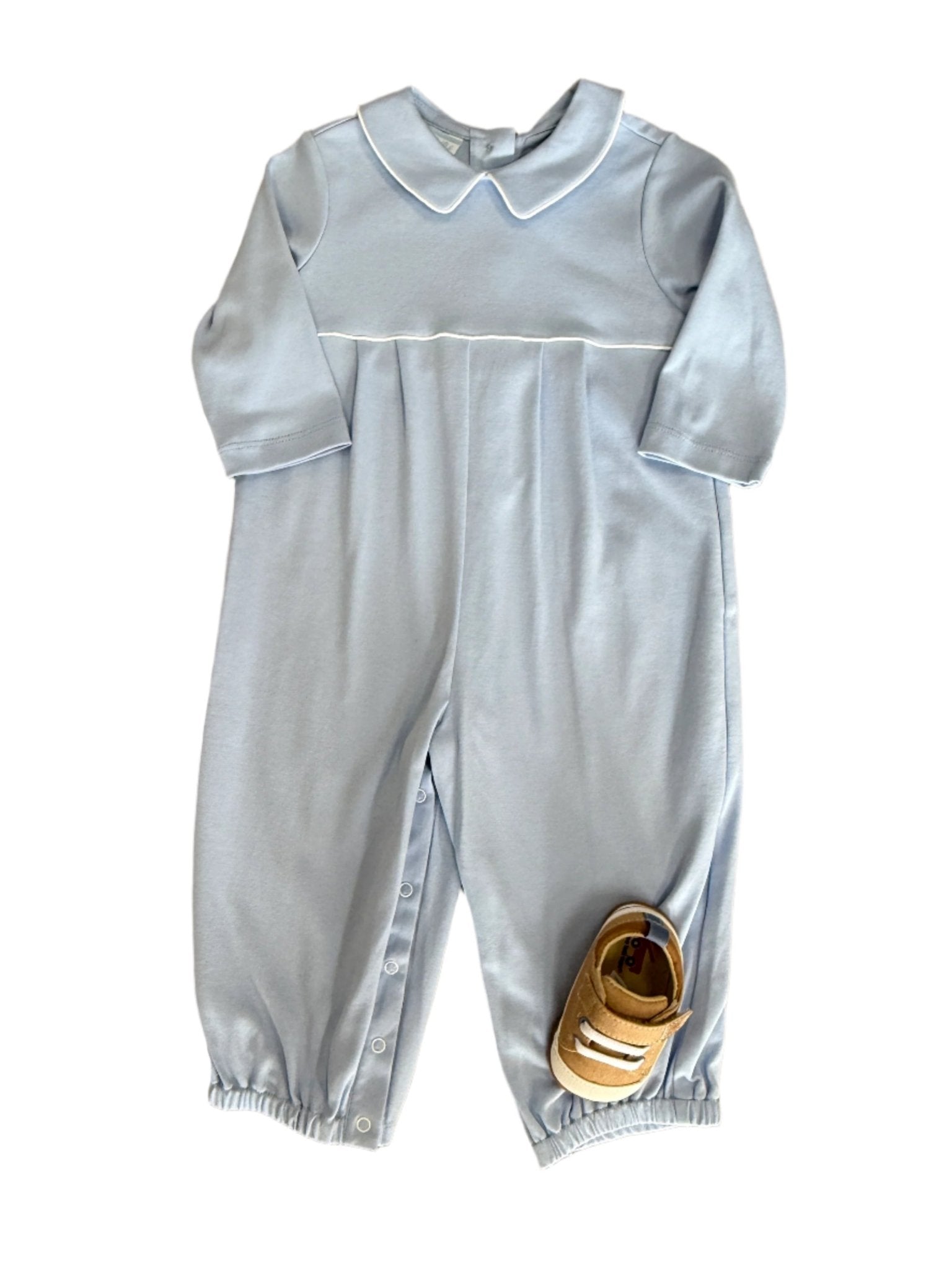 Boy's Knit Romper - Lt. Blue Gingham Boys Bubbles + Rompers Petit Bebe