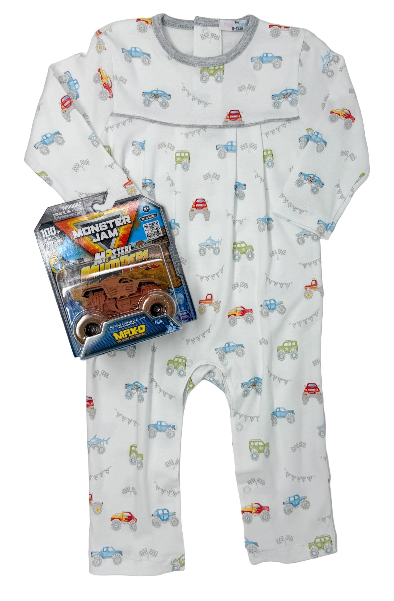 Boys Monster Trucks Pima Romper Boys Bubbles + Rompers Baby Loren