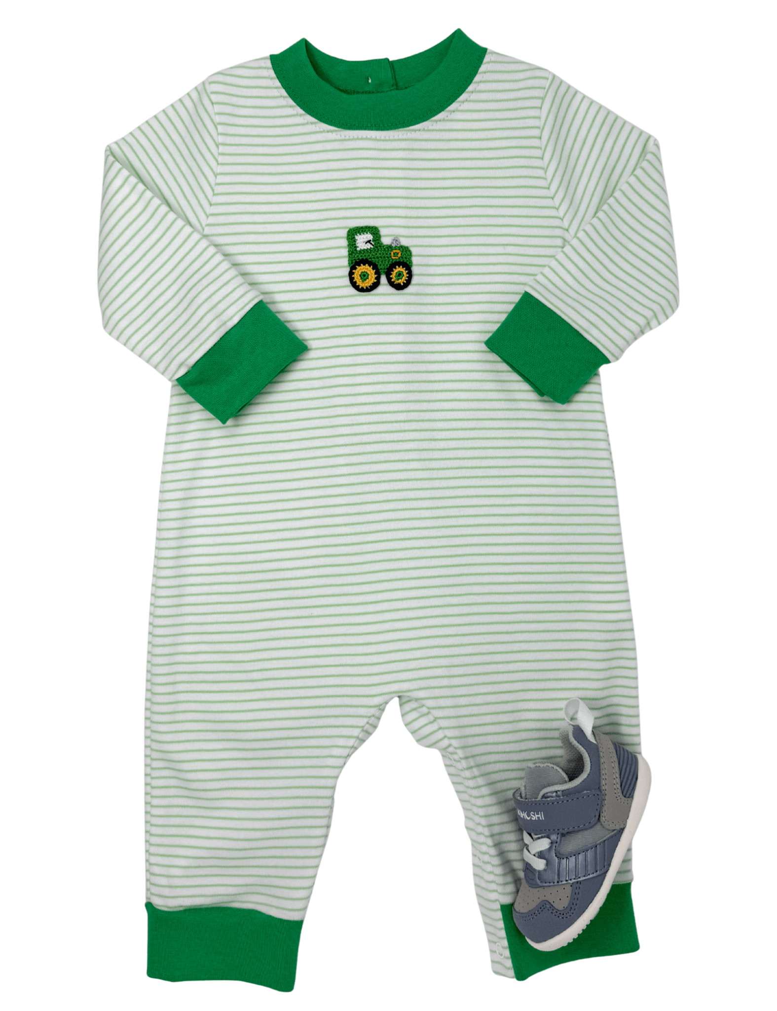 Boys Tractor Romper - Green Stripe Boys Bubbles + Rompers Petit Bebe