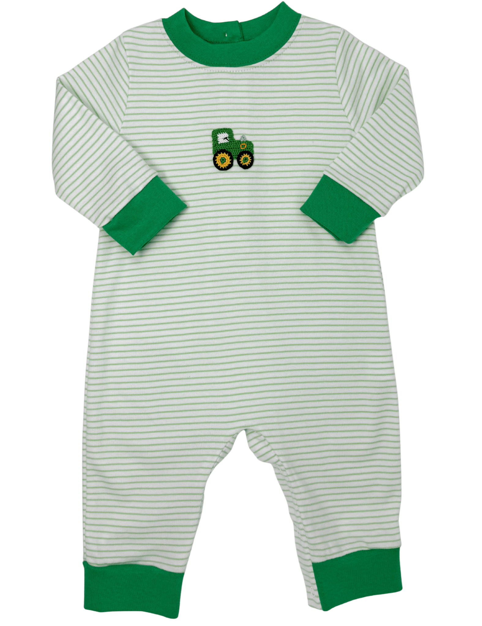 Boys Tractor Romper - Green Stripe Boys Bubbles + Rompers Petit Bebe
