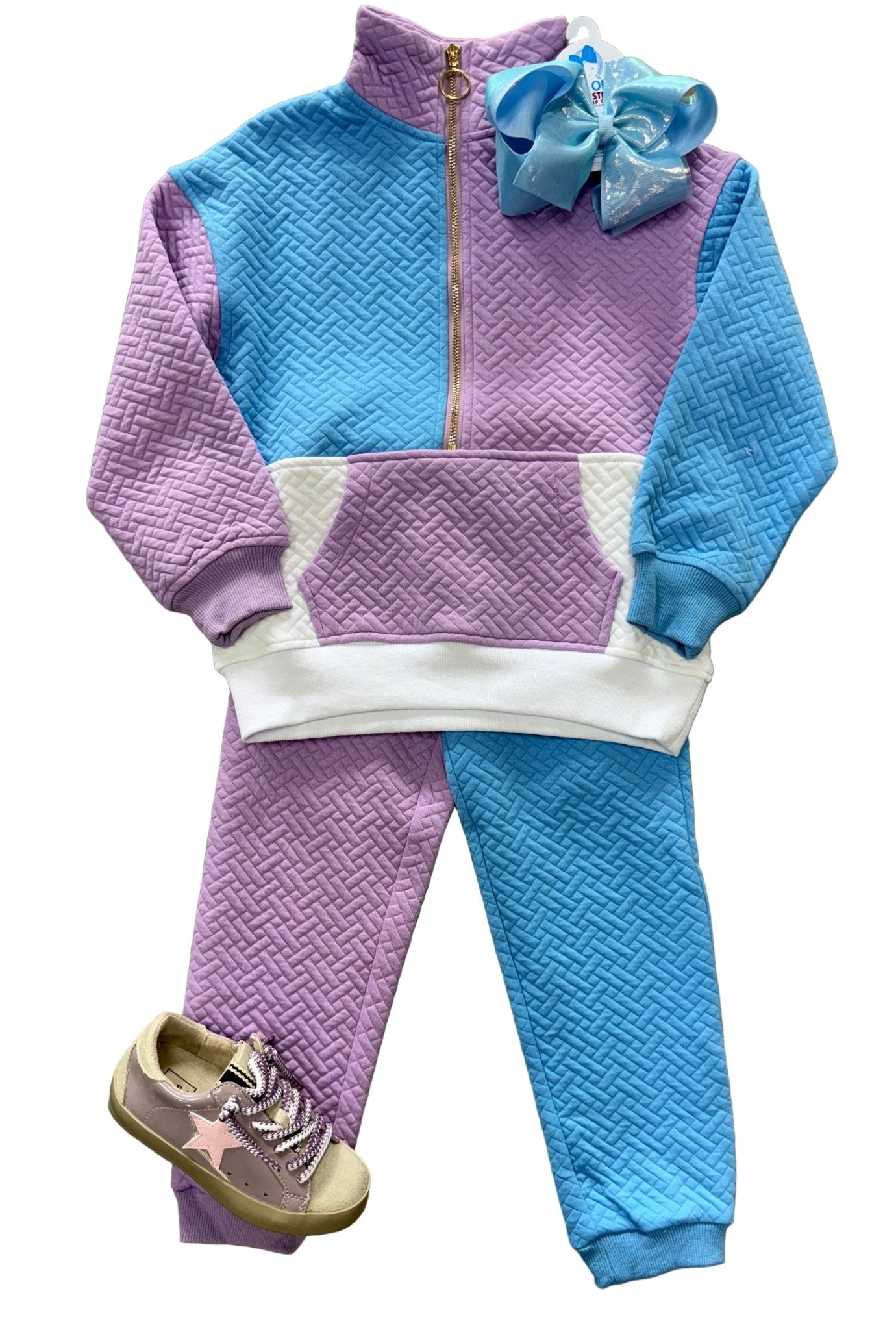Color Block Jogger - Lavender & Blue Quilted Trellis Girls Pants + Leggings Bisby