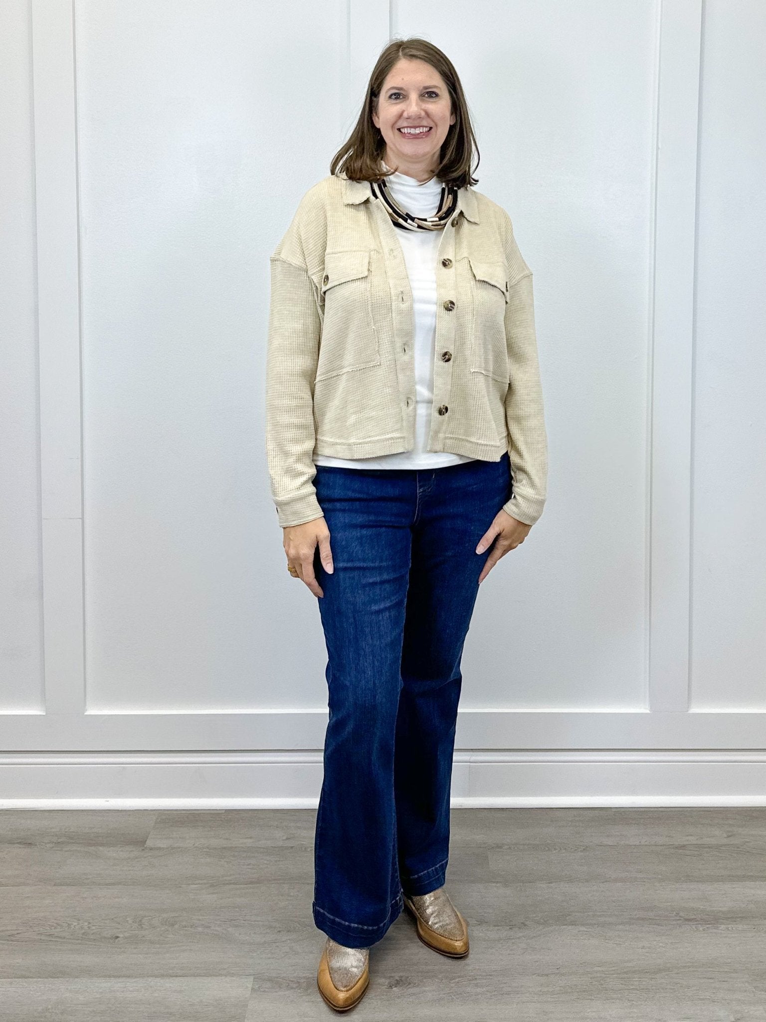 Crop Knit Shacket w/ Patch Pockets - Oatmeal - Sugar Babies Children's Boutique/Meg's Shoppe