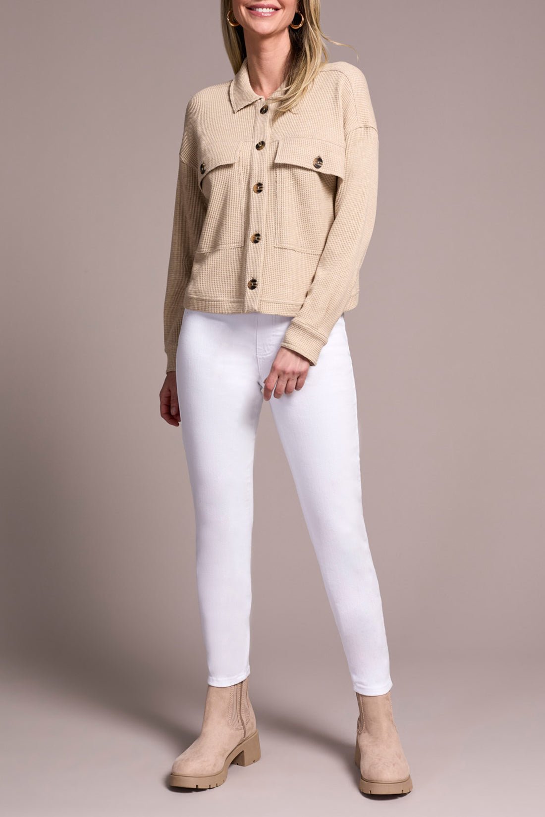 Crop Knit Shacket w/ Patch Pockets - Oatmeal Outerwear Tribal
