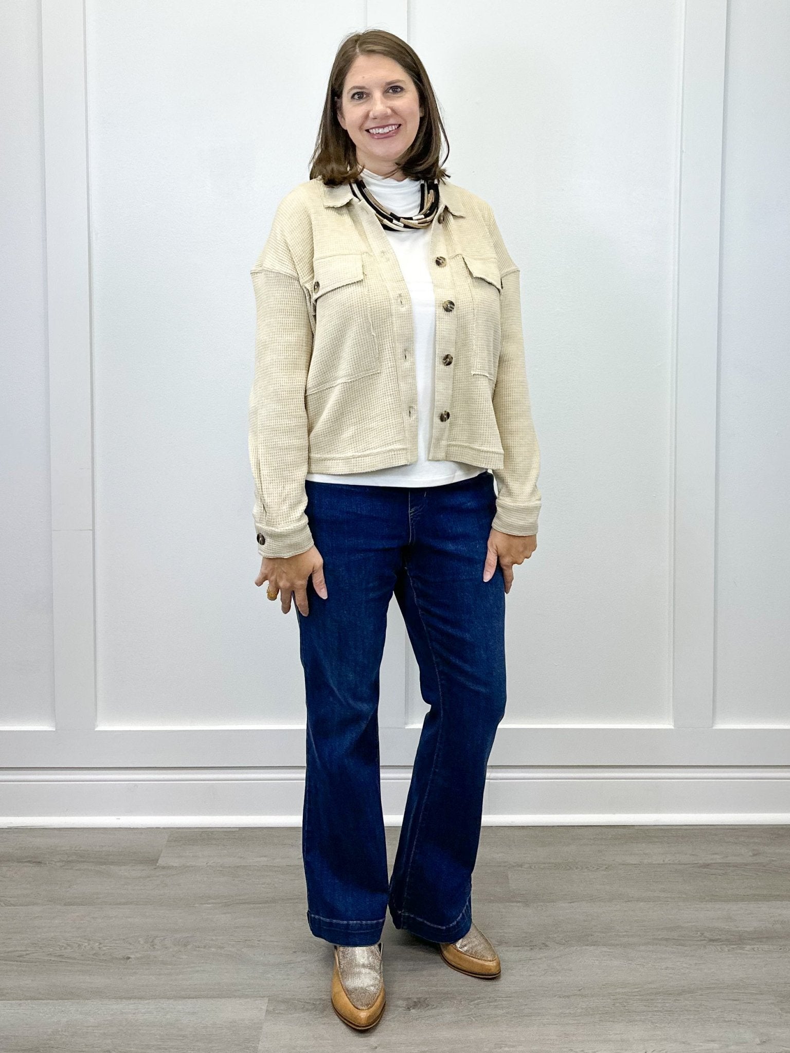 Crop Knit Shacket w/ Patch Pockets - Oatmeal - Sugar Babies Children's Boutique/Meg's Shoppe