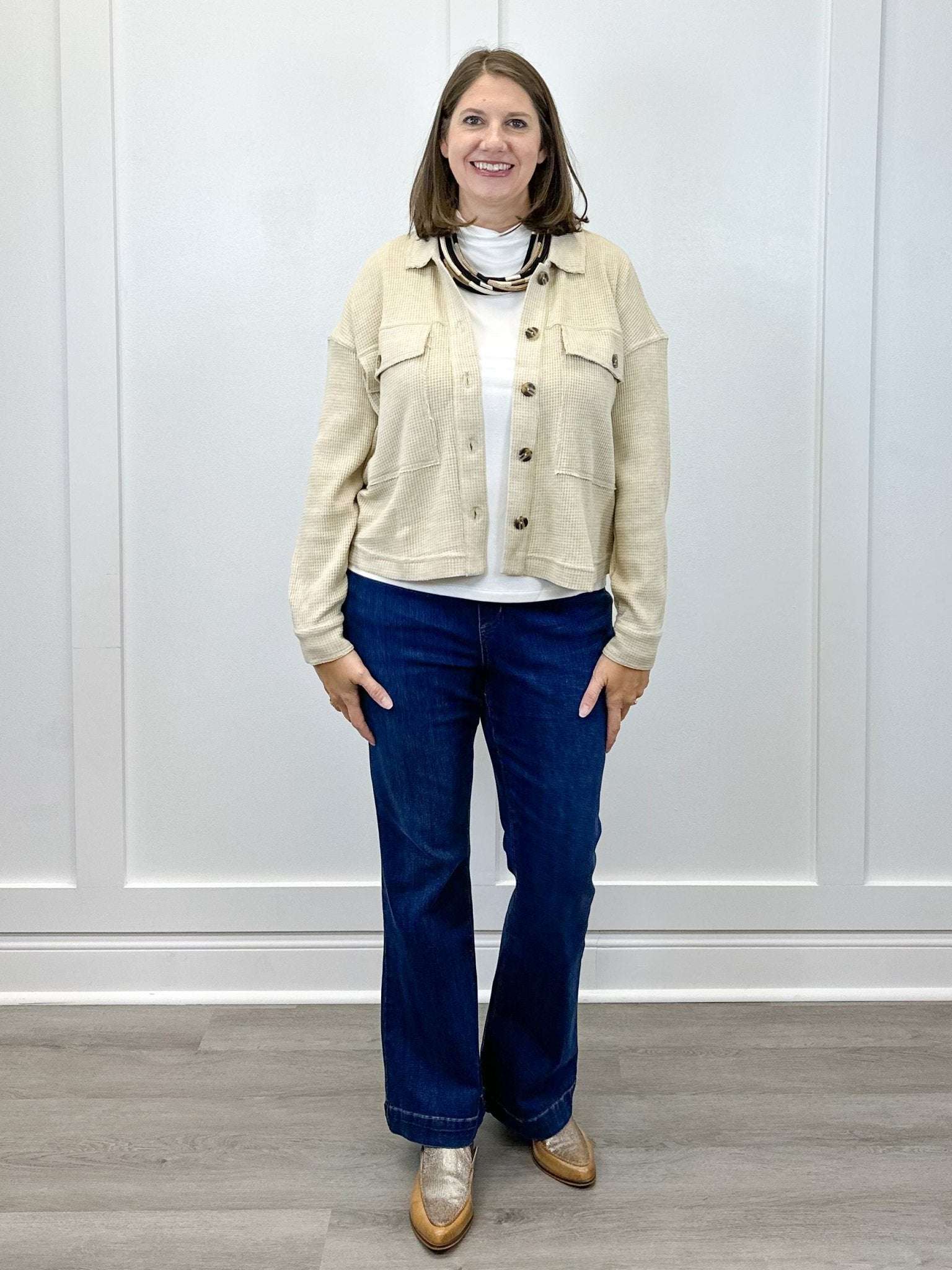 Crop Knit Shacket w/ Patch Pockets - Oatmeal - Sugar Babies Children's Boutique/Meg's Shoppe