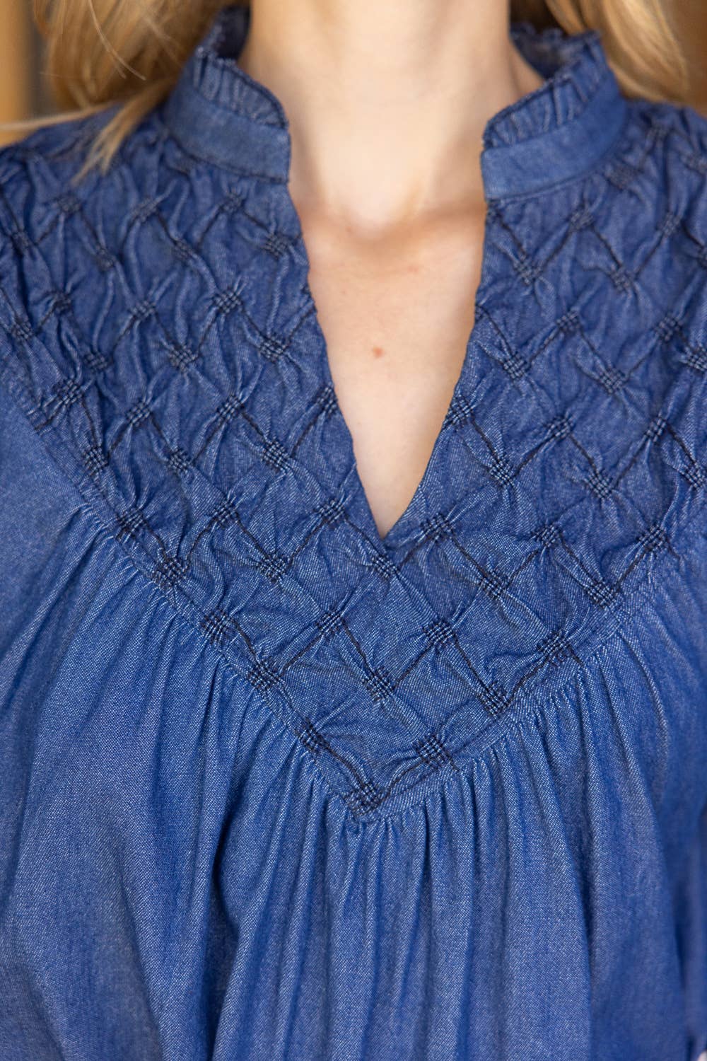 Olivia Textured Yoke Top - Blue Denim Tops VOY