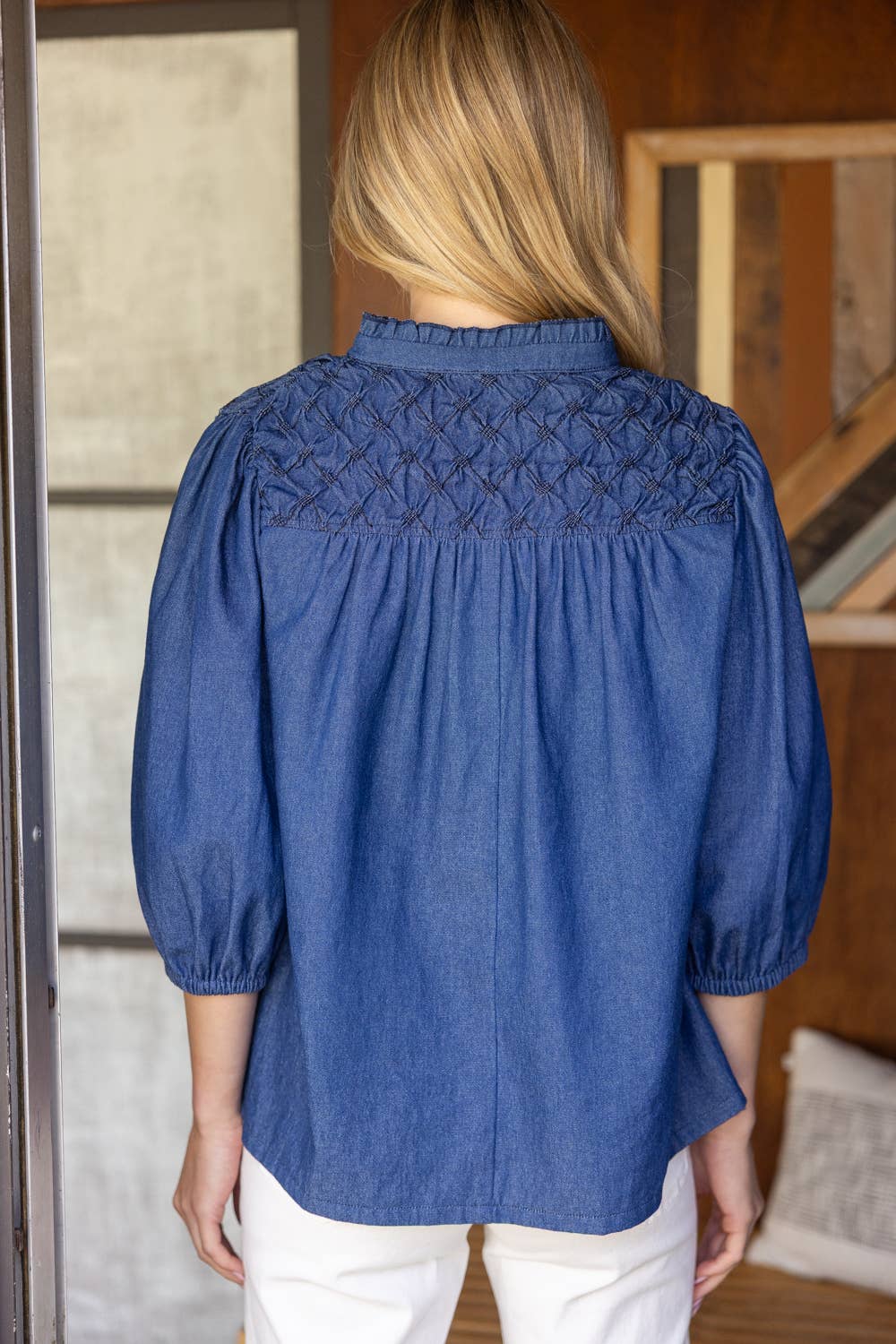 Olivia Textured Yoke Top - Blue Denim Tops VOY