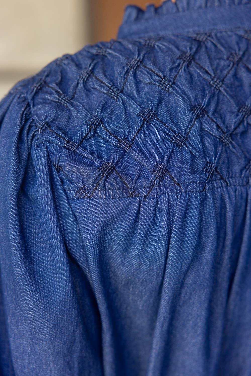Olivia Textured Yoke Top - Blue Denim Tops VOY
