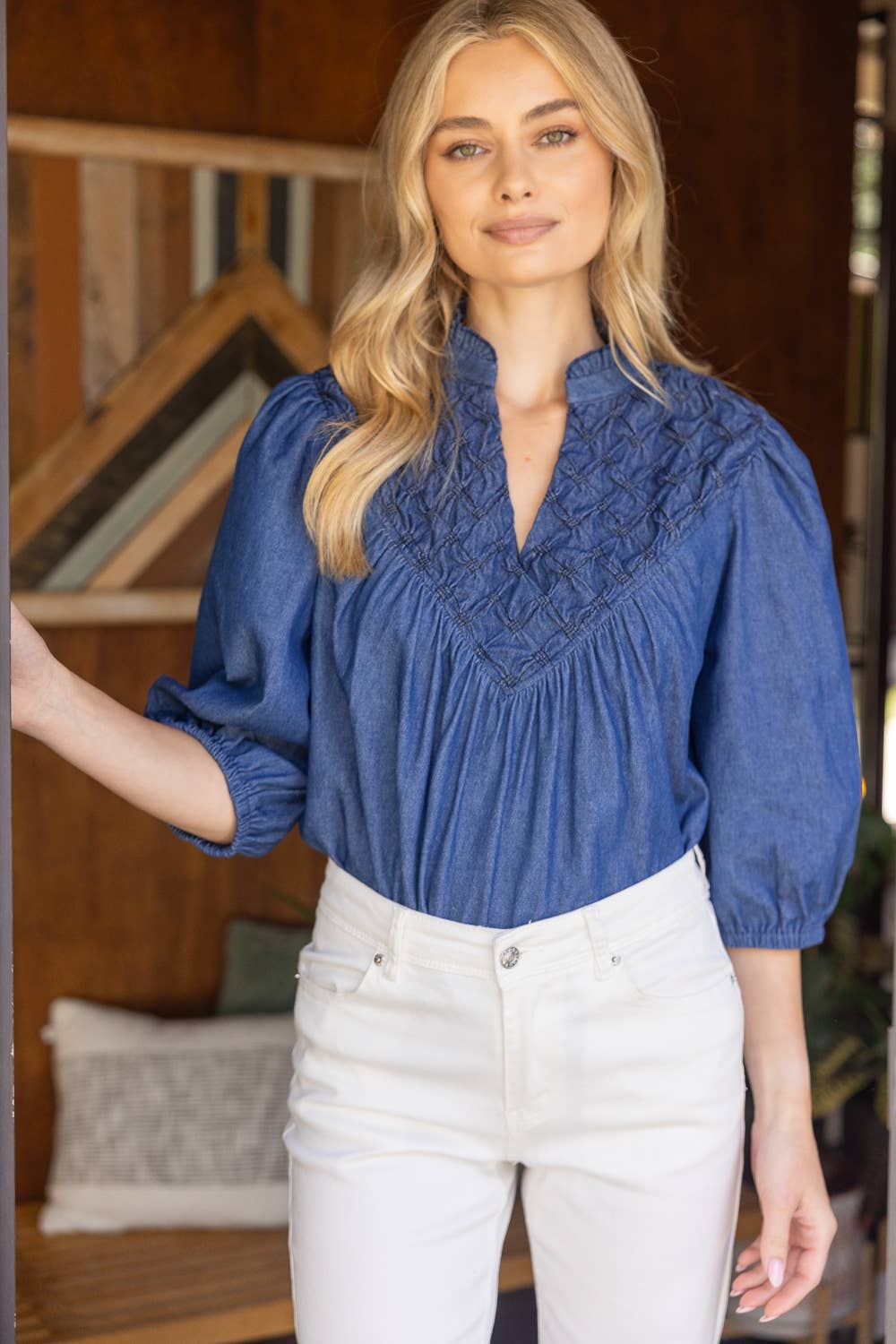 Olivia Textured Yoke Top - Blue Denim Tops VOY