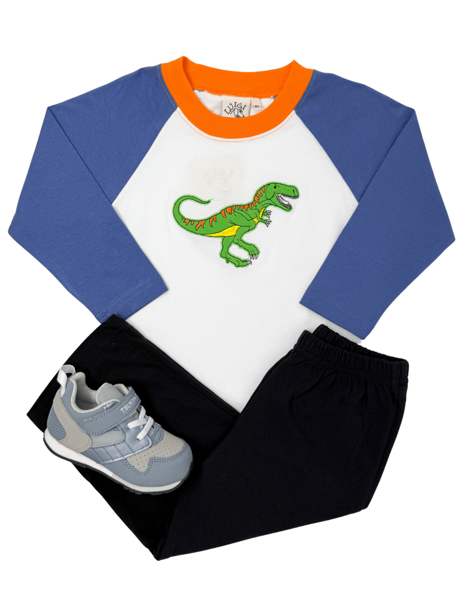 Dinosaur Raglan L/S Shirt - Steel Blue/Orange Boys Tees Luigi