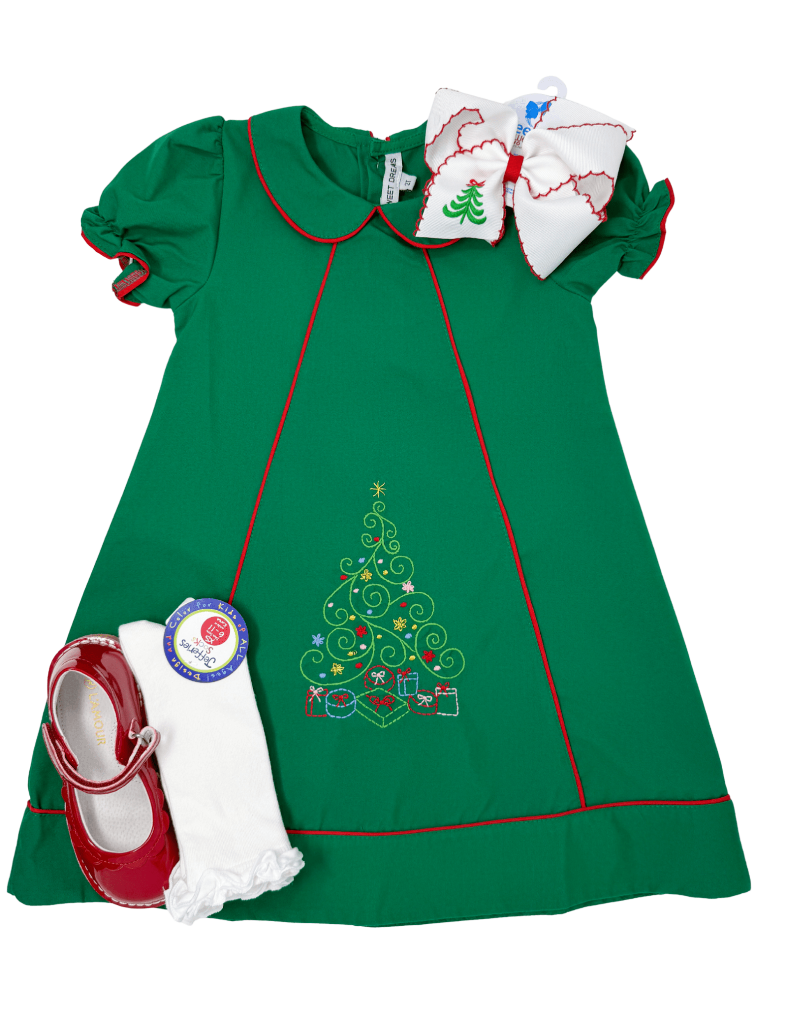 Embroidered Christmas Tree Dress - Green Girls Occasion Dresses Sweet Dreams