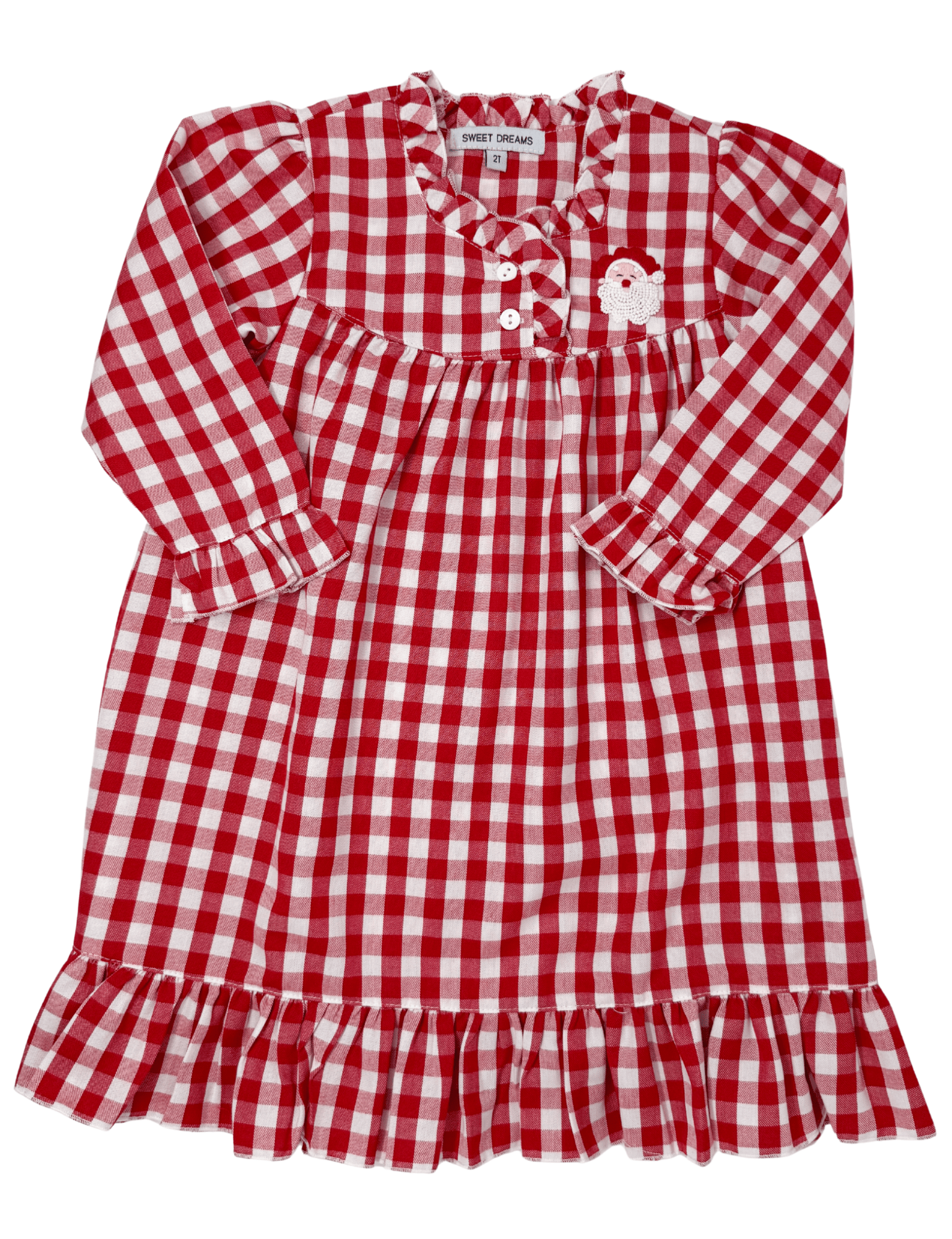 Embroidered Santa Red Gingham Gown Kids Pajamas Sweet Dreams