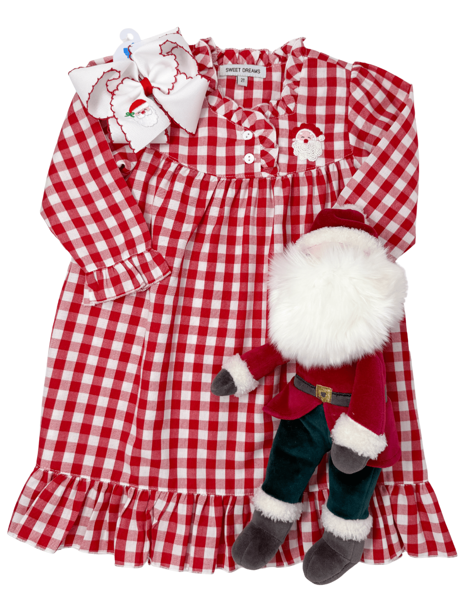 Embroidered Santa Red Gingham Gown Kids Pajamas Sweet Dreams