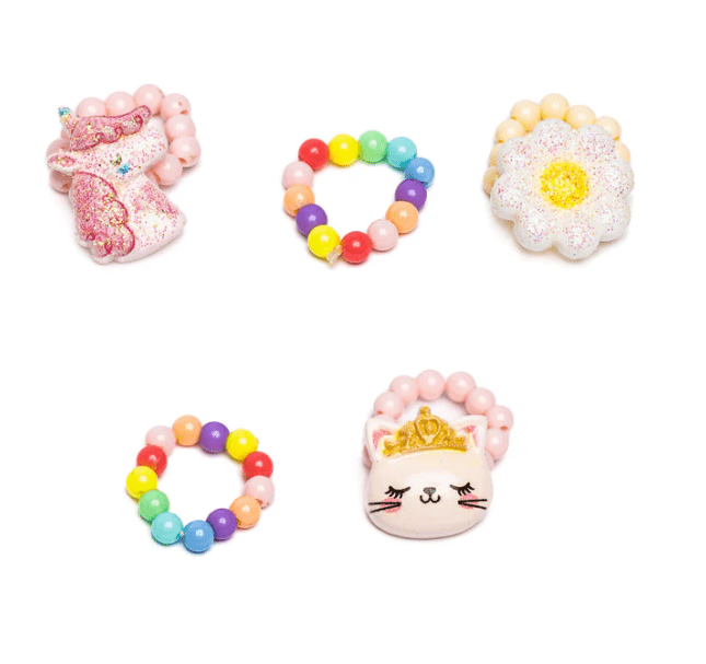 Flower, Kitty, Unicorn Elastic Ring Set Kids Jewelry Great Pretenders