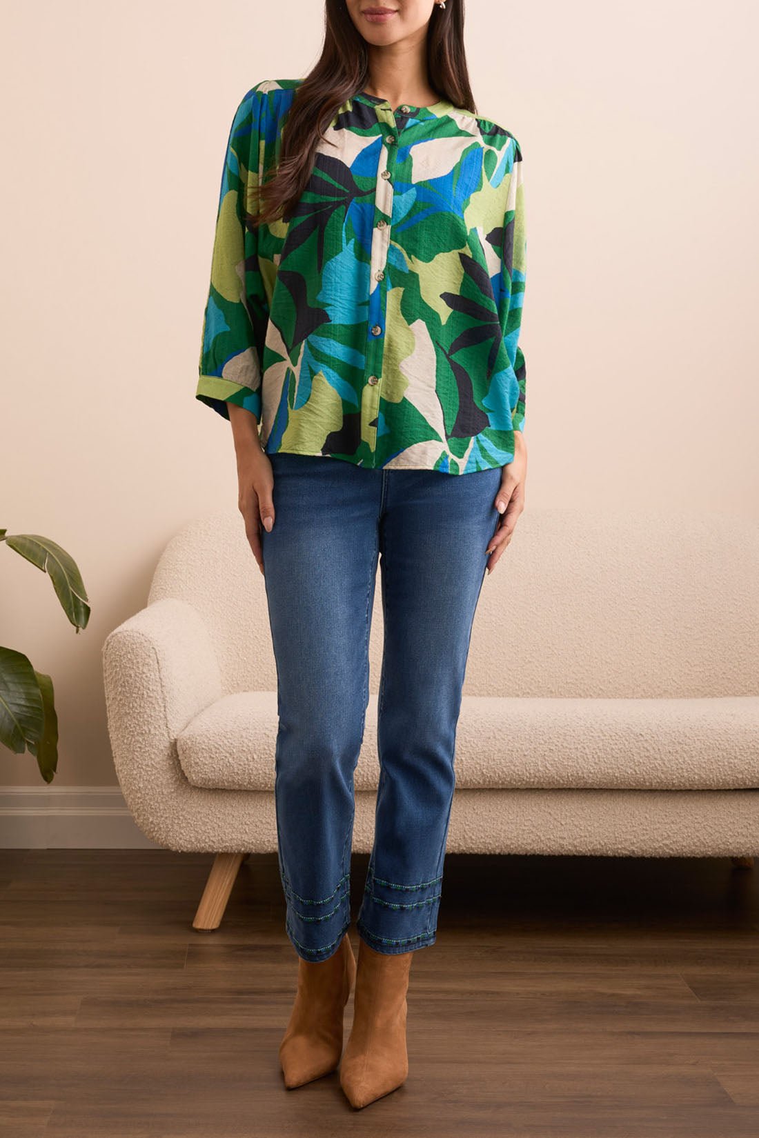 Flowy Dolman Sleeve Blouse w/ Self Covering Buttons - Field Green Tops Tribal