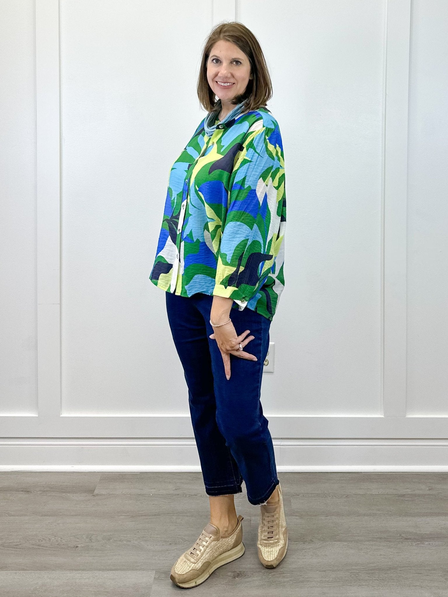 Flowy Dolman Sleeve Blouse w/ Self Covering Buttons - Field Green Tops Tribal
