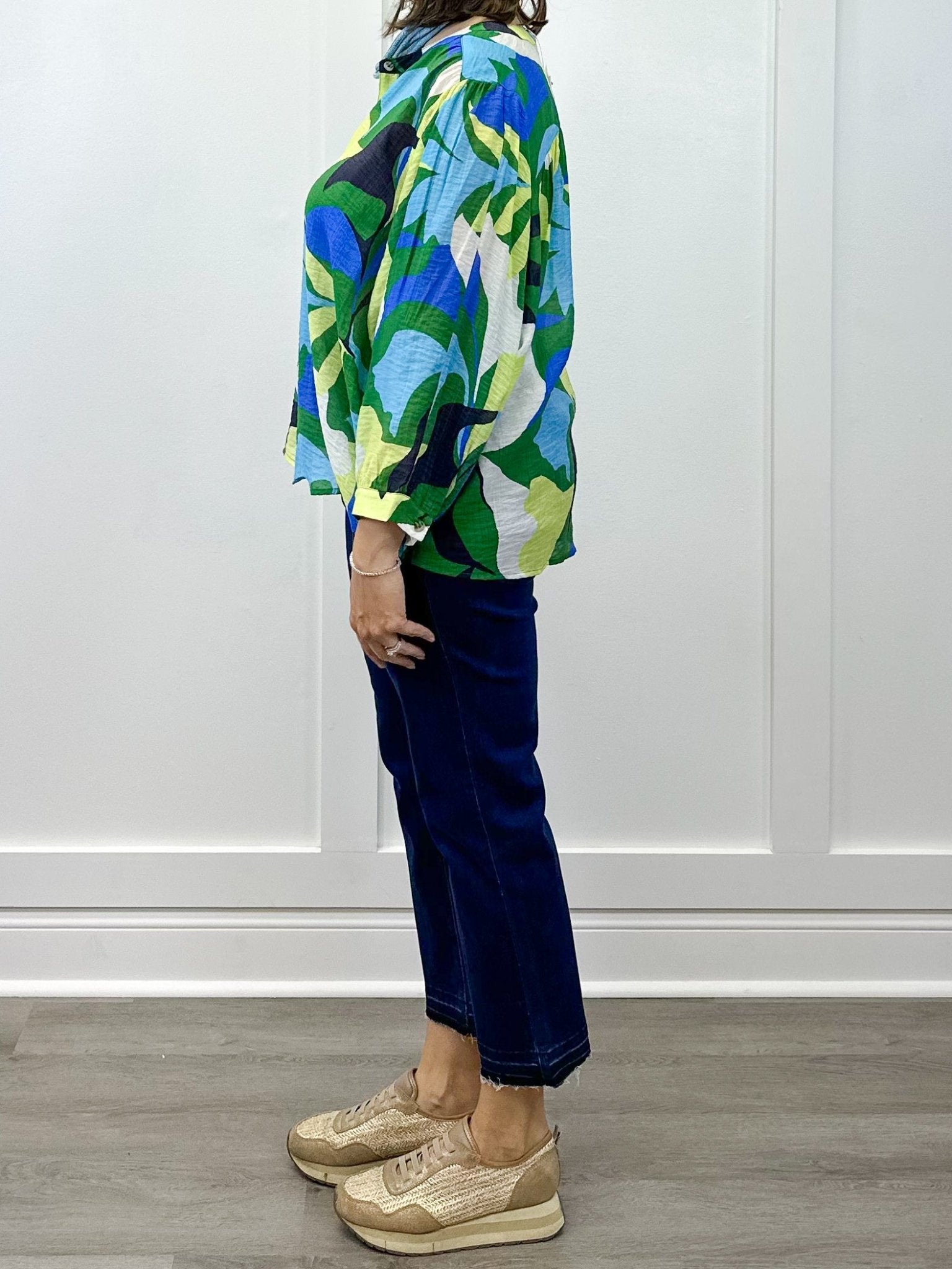 Flowy Dolman Sleeve Blouse w/ Self Covering Buttons - Field Green Tops Tribal