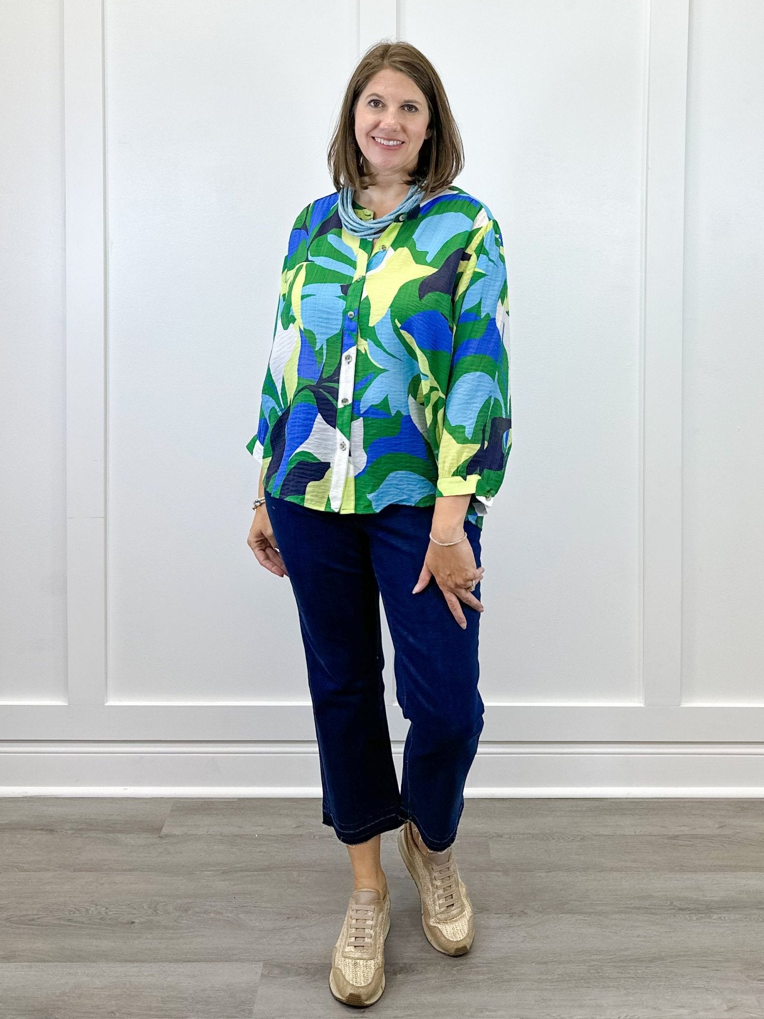 Flowy Dolman Sleeve Blouse w/ Self Covering Buttons - Field Green Tops Tribal