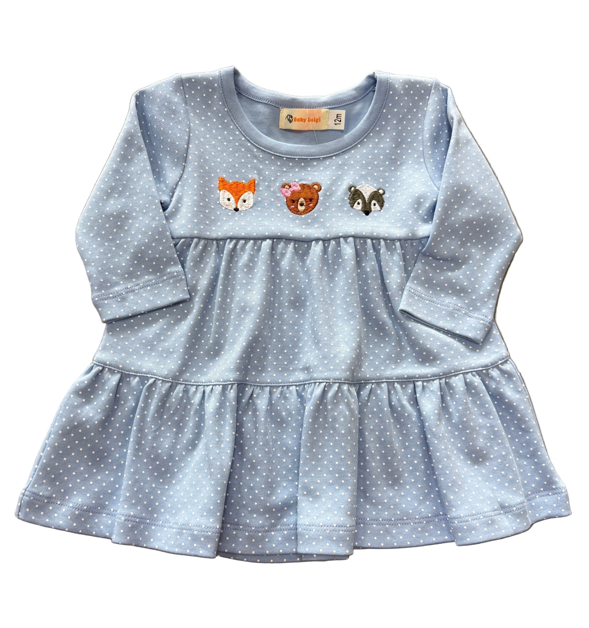 Fox, Bear & Racoon Tiered Dress - Sky Blue and White Polka Dot Girls Play Dresses Luigi