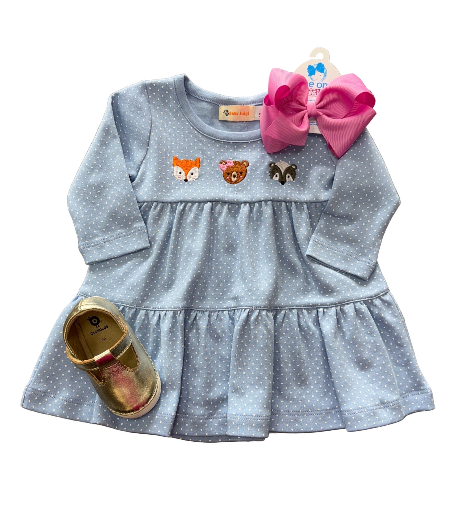 Fox, Bear & Racoon Tiered Dress - Sky Blue and White Polka Dot Girls Play Dresses Luigi