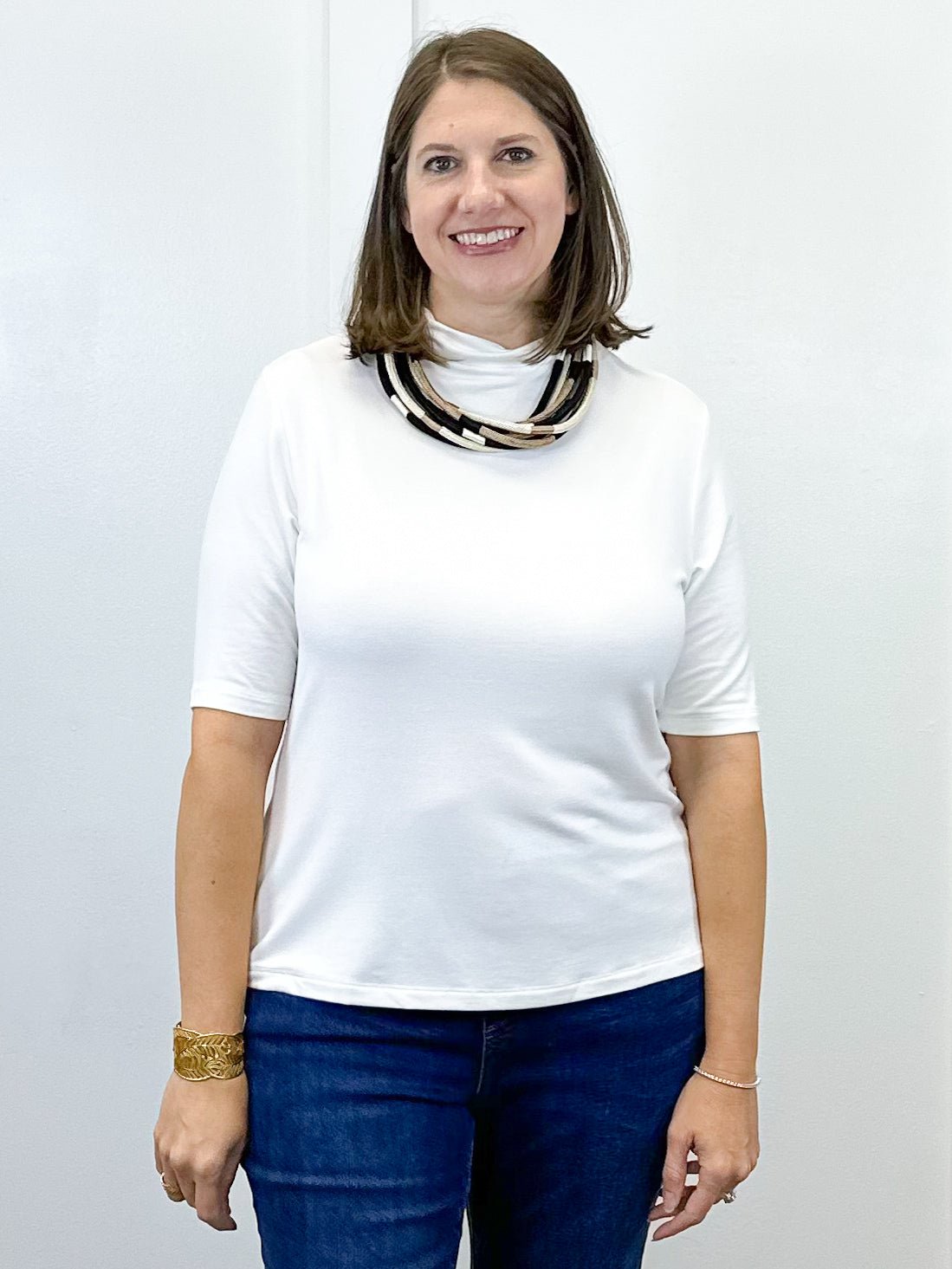 Funnel Neck Elbow Sleeve Knit Top - Eggshell Tops Tribal