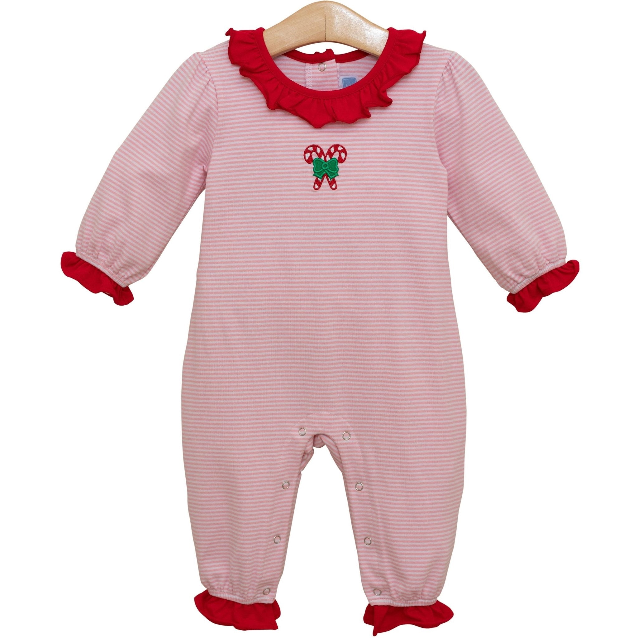 Girls Candy Cane Embroidered Ruffle Romper Girls Bubbles + Rompers Trotter Street Kids