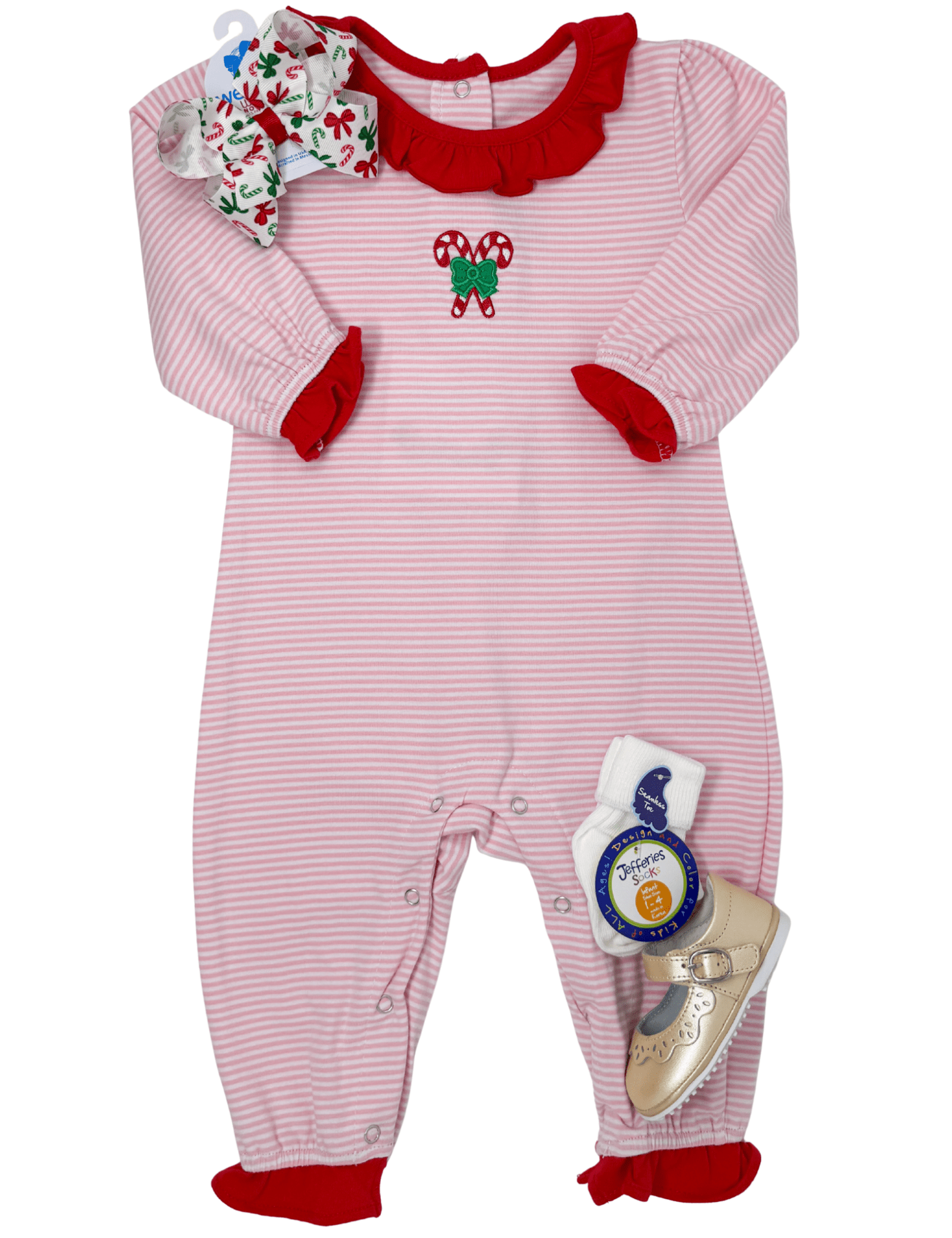 Girls Candy Cane Embroidered Ruffle Romper Girls Bubbles + Rompers Trotter Street Kids