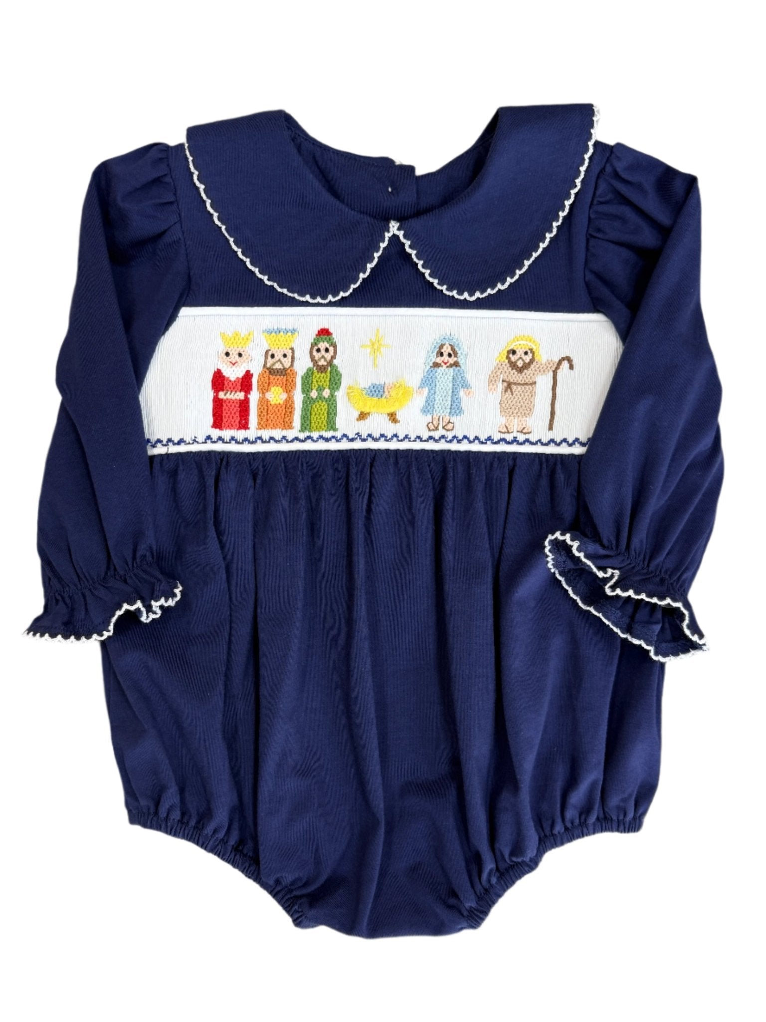 Girls Nativity Smocked L/S Bubble Girls Bubbles + Rompers Three Sisters