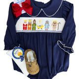 Girls Nativity Smocked L/S Bubble Girls Bubbles + Rompers Three Sisters