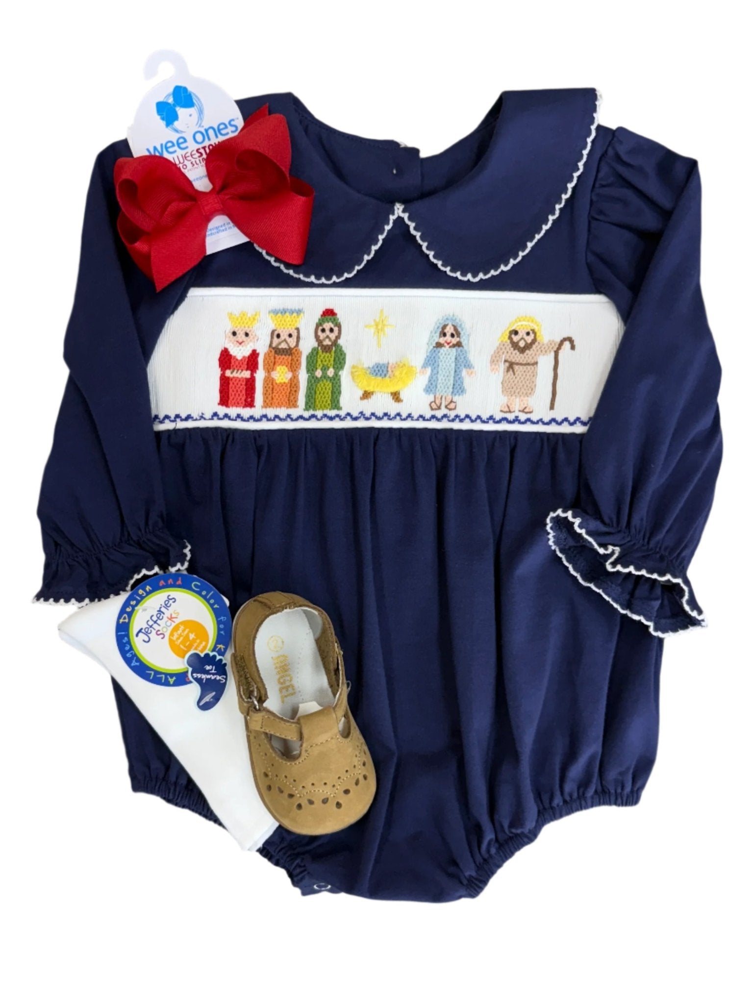 Girls Nativity Smocked L/S Bubble Girls Bubbles + Rompers Three Sisters