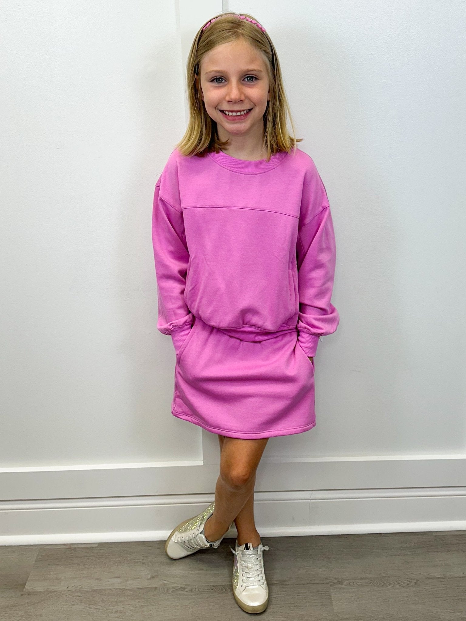 Girls Terry Brushed Crew Pullover and Skort Set - Cyclamen Girls Sets 90 Degree by Reflex