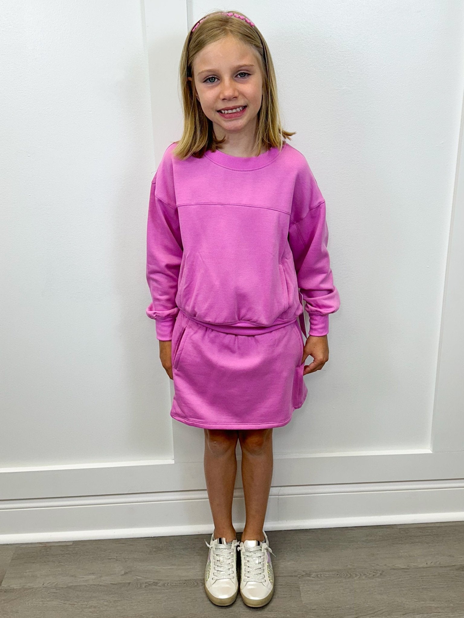 Girls Terry Brushed Crew Pullover and Skort Set - Cyclamen Girls Sets 90 Degree by Reflex