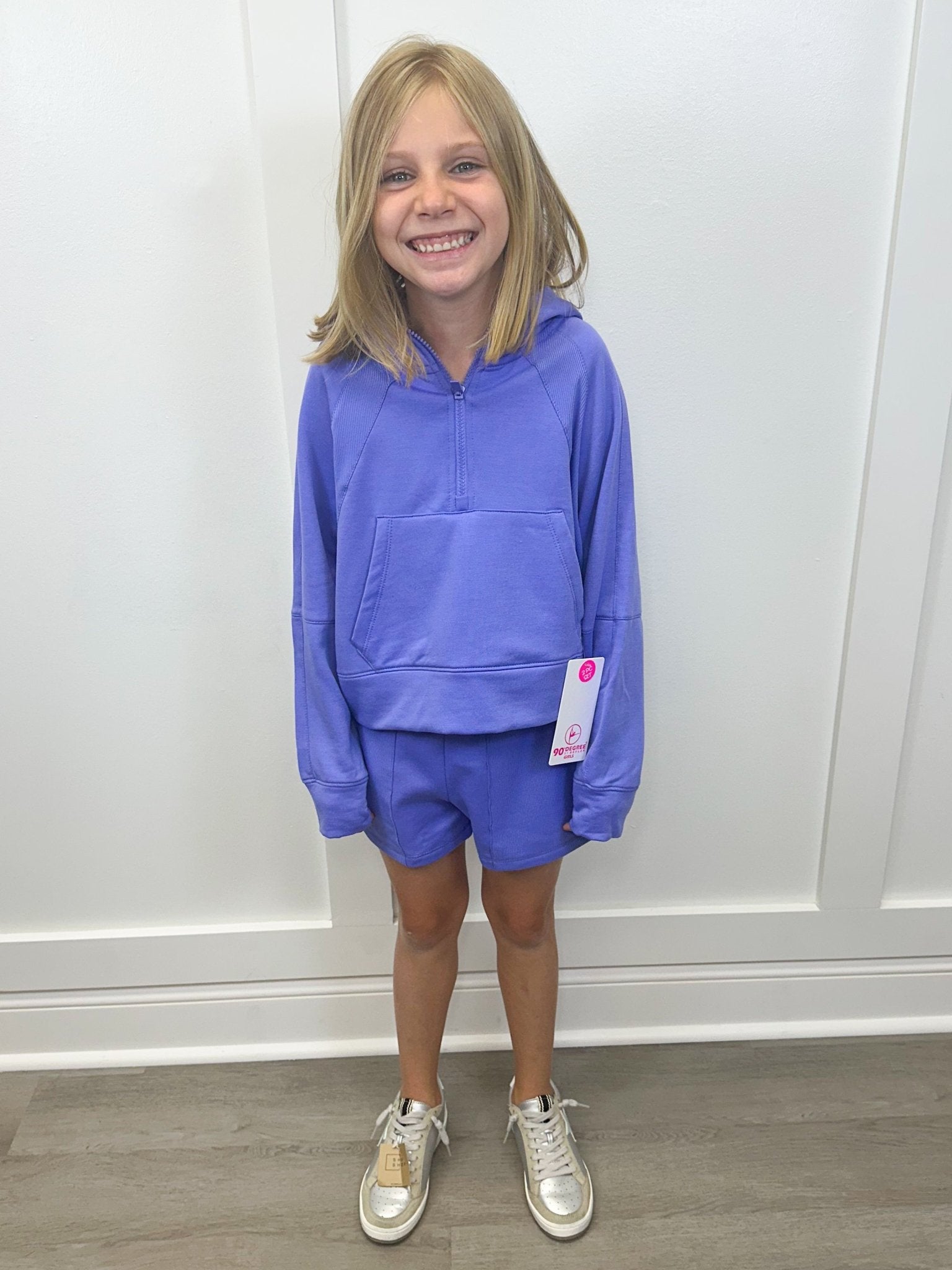 Girls Terry Brushed Half Zip Hoodie and Short Set - Periwinkle Girls Sets 90 Degree by Reflex