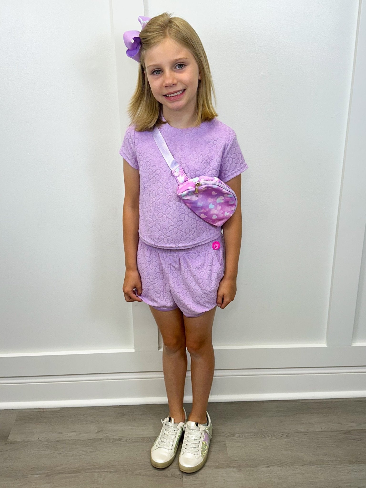 Girls Terry Short Sleeve Top + Short Set - Delicate Daisy Lilac Girls Sets 90 Degree by Reflex