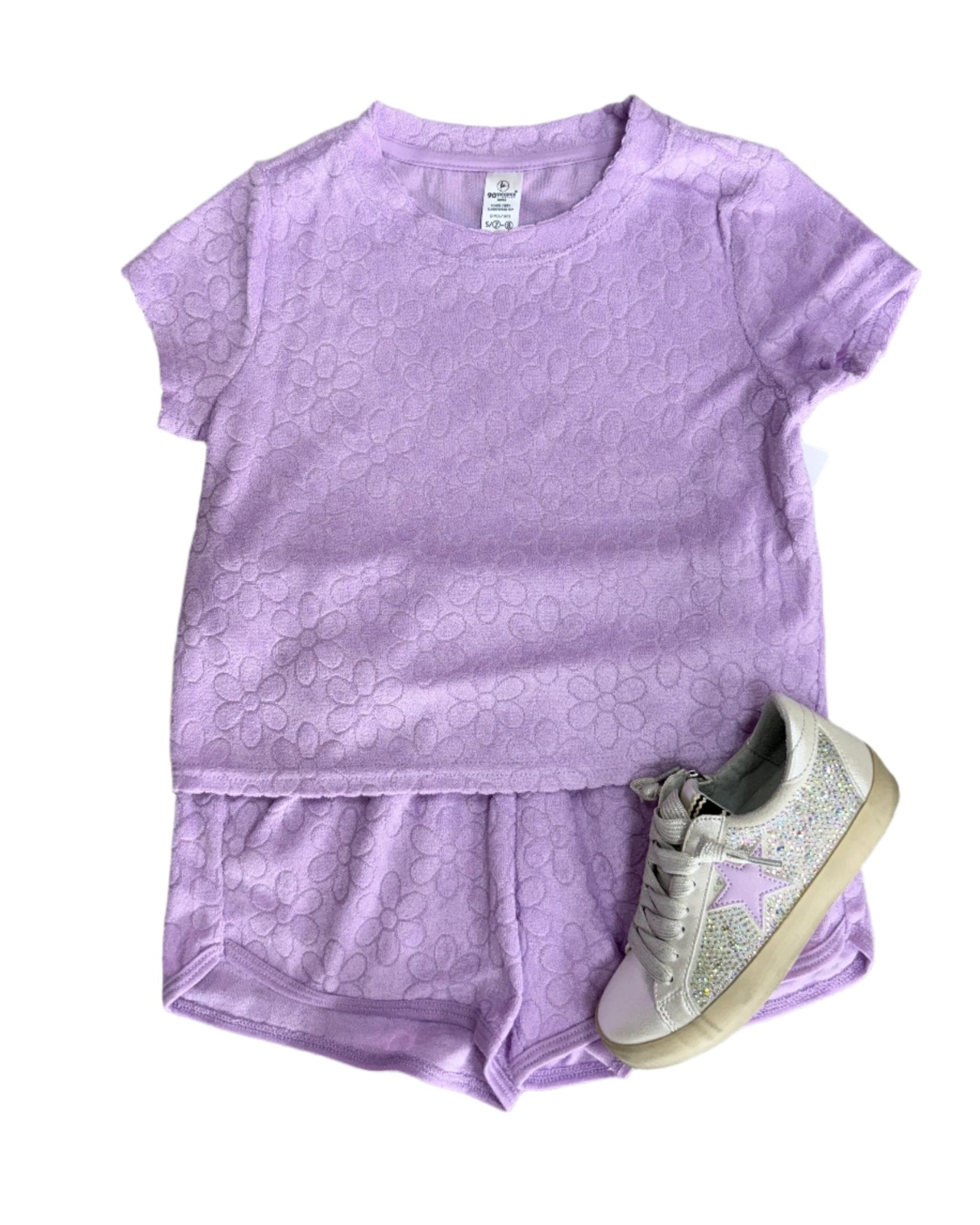 Girls Terry Short Sleeve Top + Short Set - Delicate Daisy Lilac Girls Sets 90 Degree by Reflex