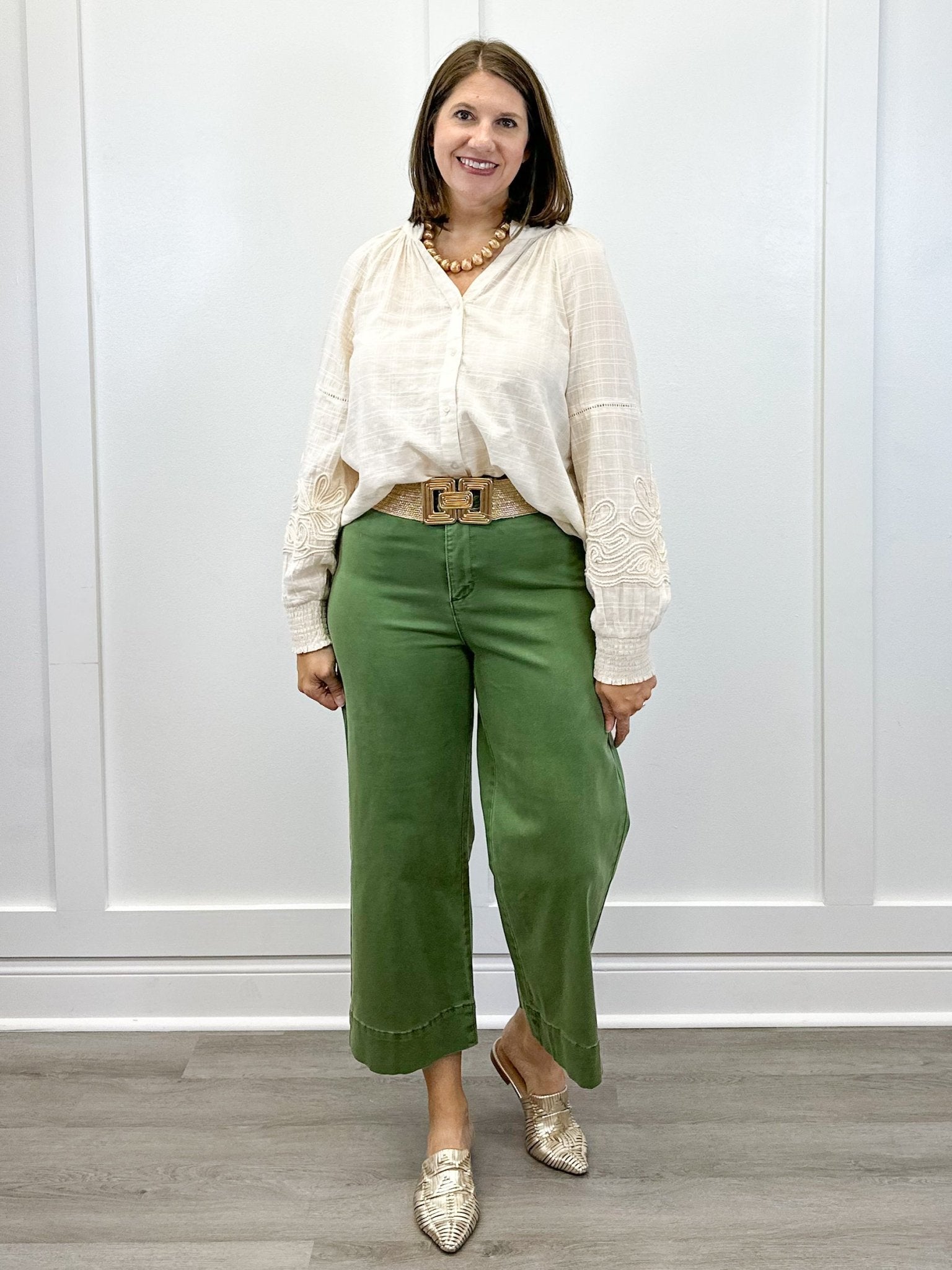 High Rise Fly Front Palazzo - Chive Pants Tribal